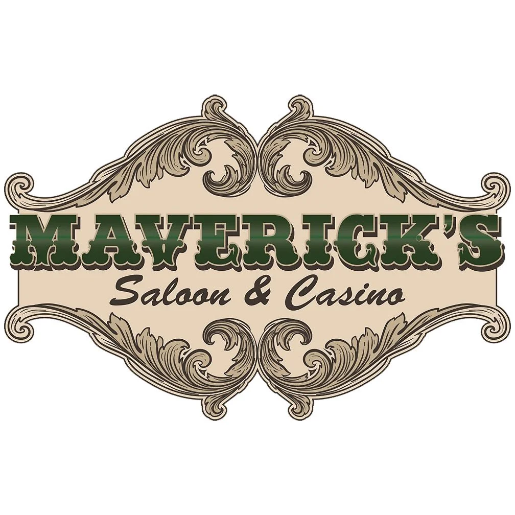 Maverick's Saloon & Casino logo with decorative swirls.