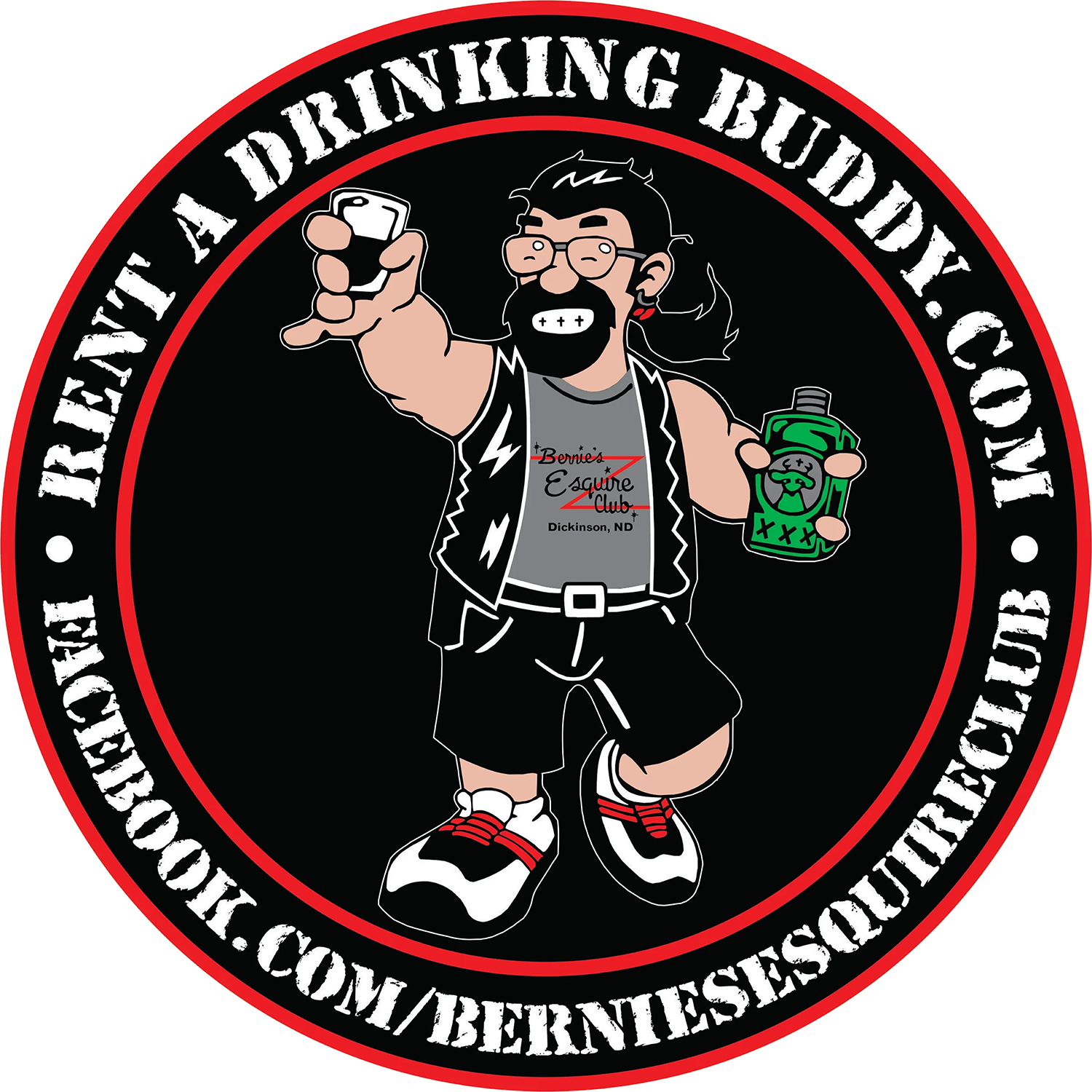 Logo of a cartoon character with glasses, a beard, and a black vest, holding a phone and a green drink bottle. Text reads 'Rent a Drinking Buddy' and 'Facebook.com/BerniesEsquireClub.'