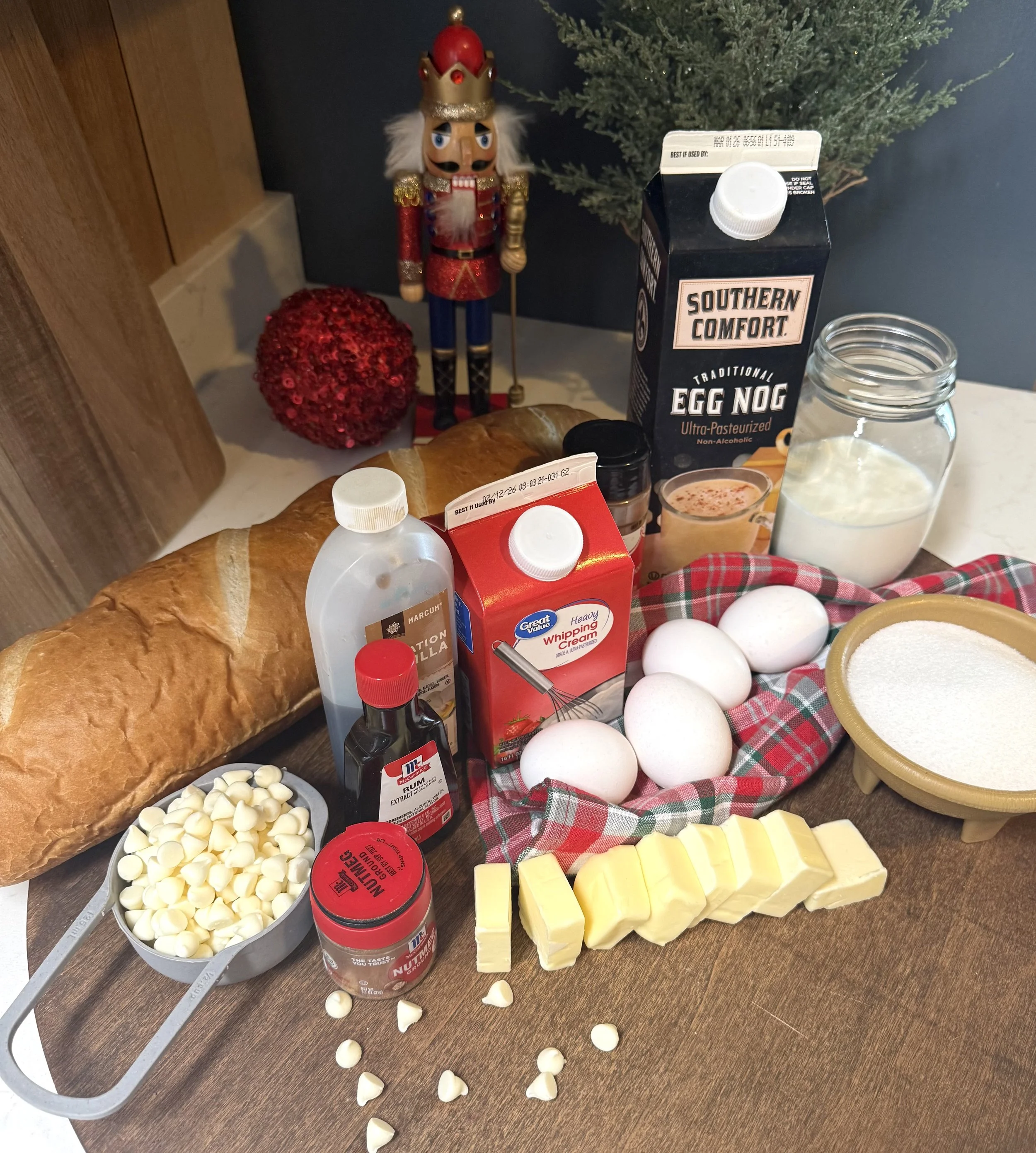 Ingredients for eggnog Bread pudding with rum holiday sauce