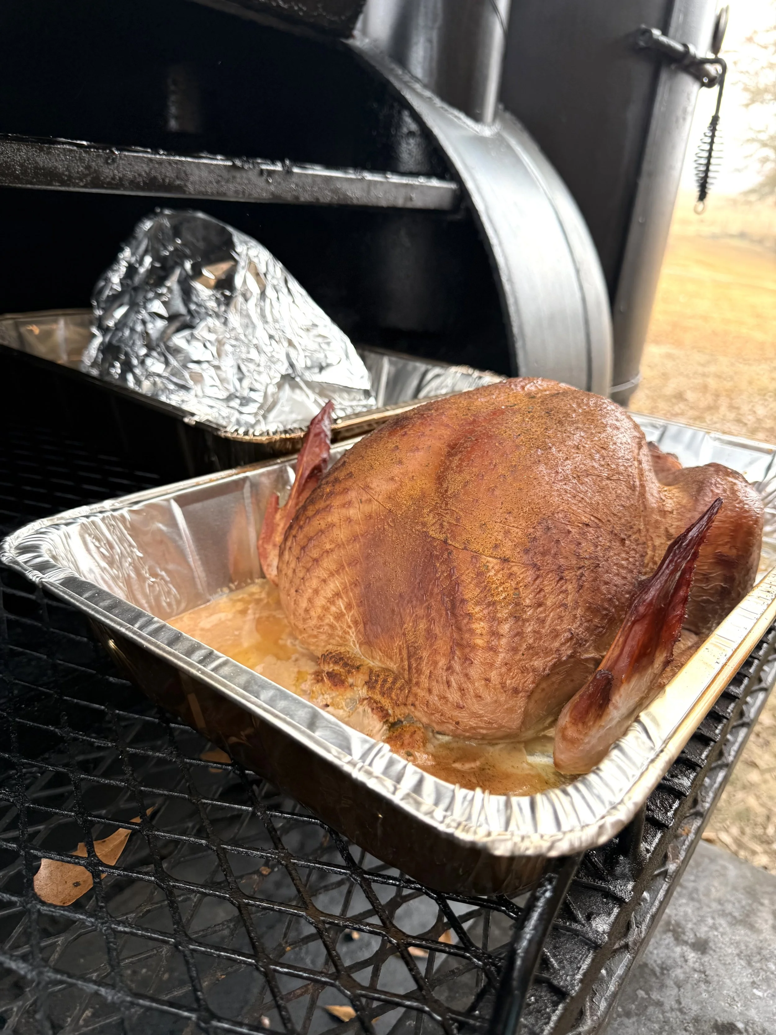Gorgeous, perfect skin on a smoked turkey on a reverse flow smoker, smoked with hickory and red oak.