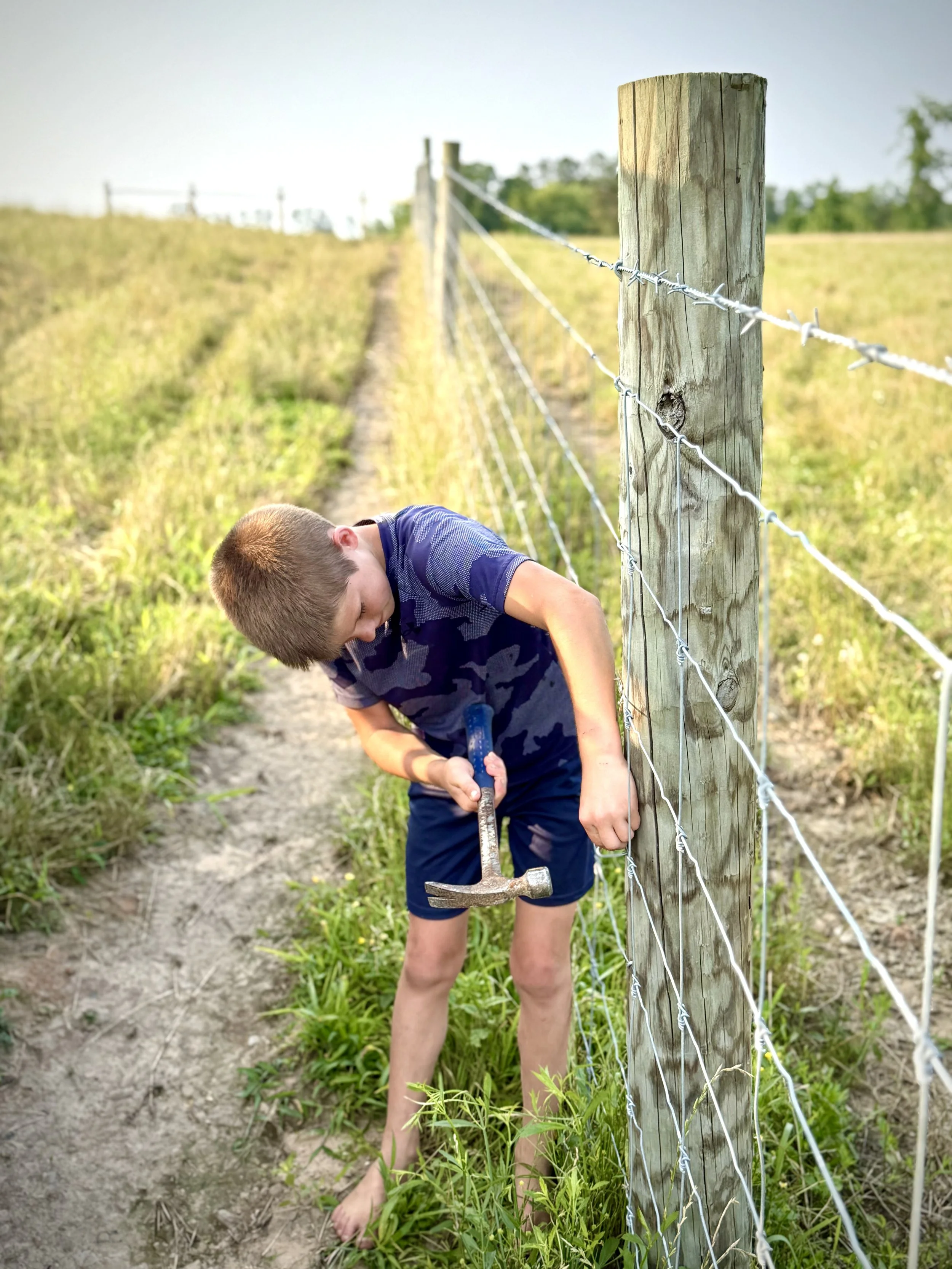 Boy from Crooked Creek Ranch fixing a fence build with pressure treated posts and cattle tuff netwire in Central Alabama august sun.