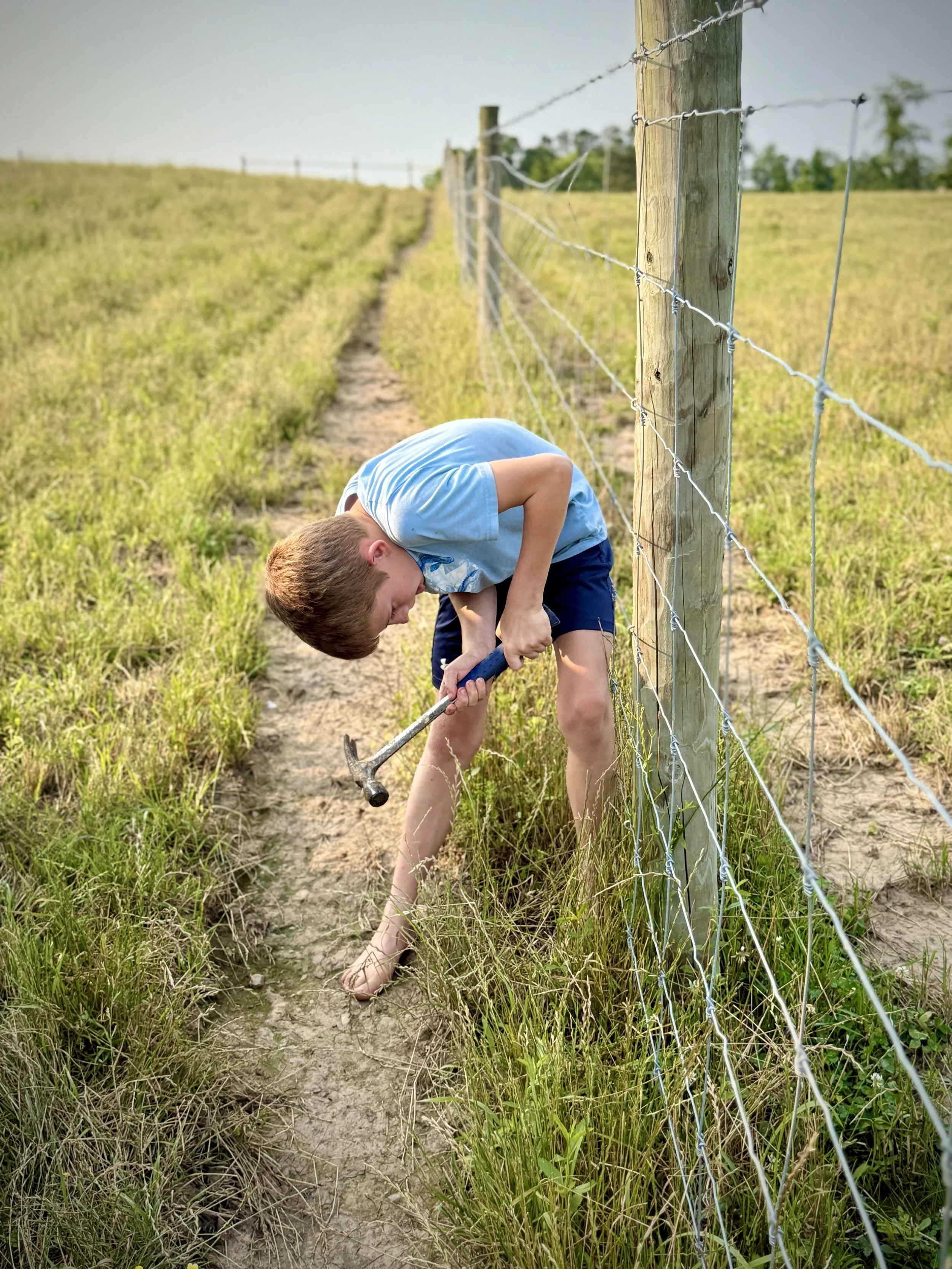 Boy from Crooked Creek Ranch fixing a cattle tuff and pressure treated post fence in summer feet while barefoot.