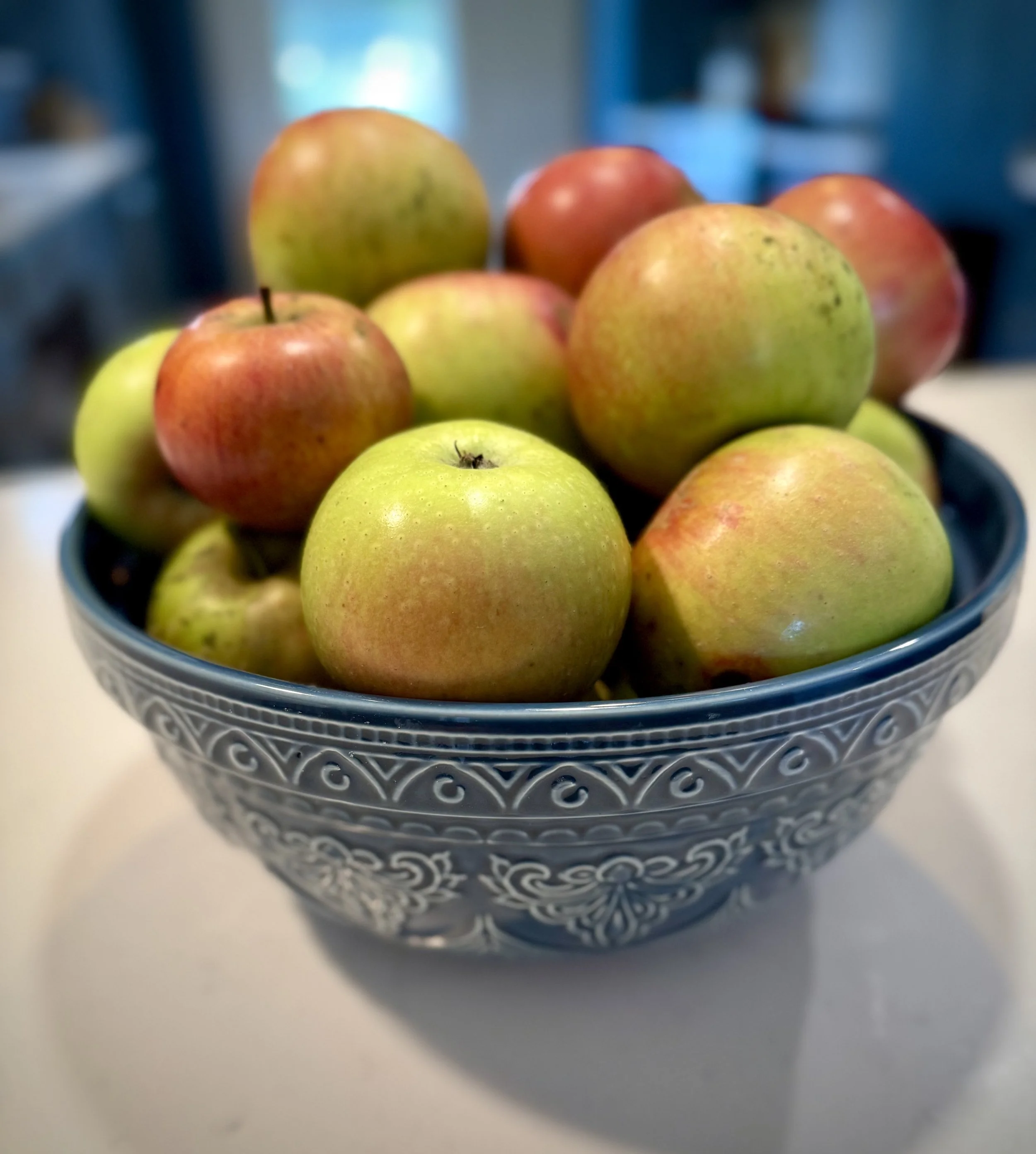 A bowl of freshly picked apples on a countertop ready for use in Southern homemade fried apple pies