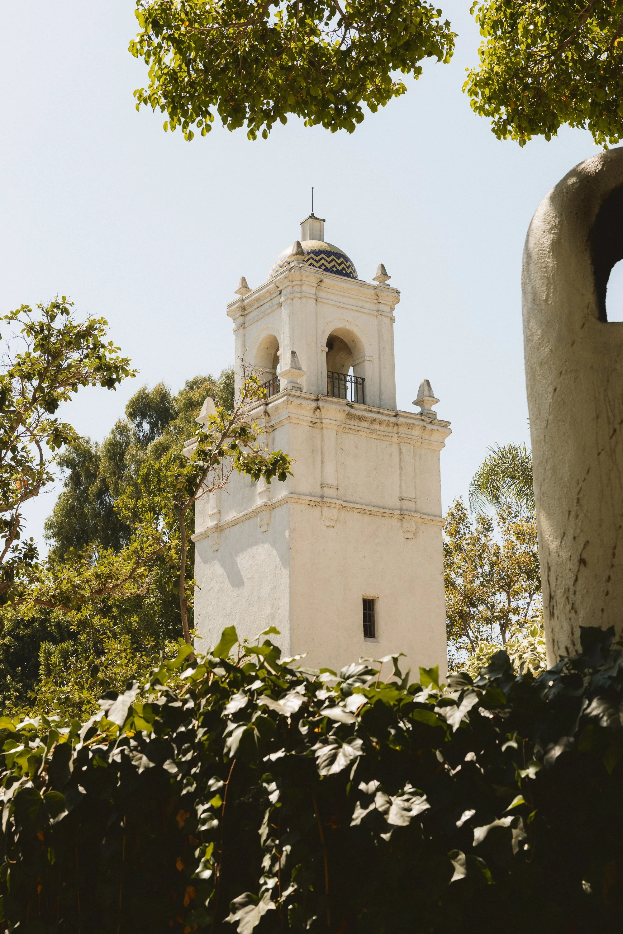 Mission-style tower at Los Angeles River Center and Gardens