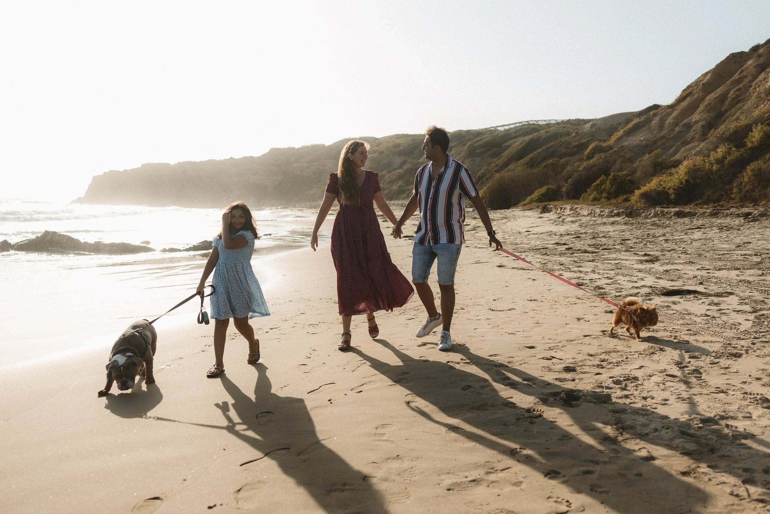 A family of four walking their dog on the wet sand during a sunny afternoon photography session at Crystal Cove State Park.