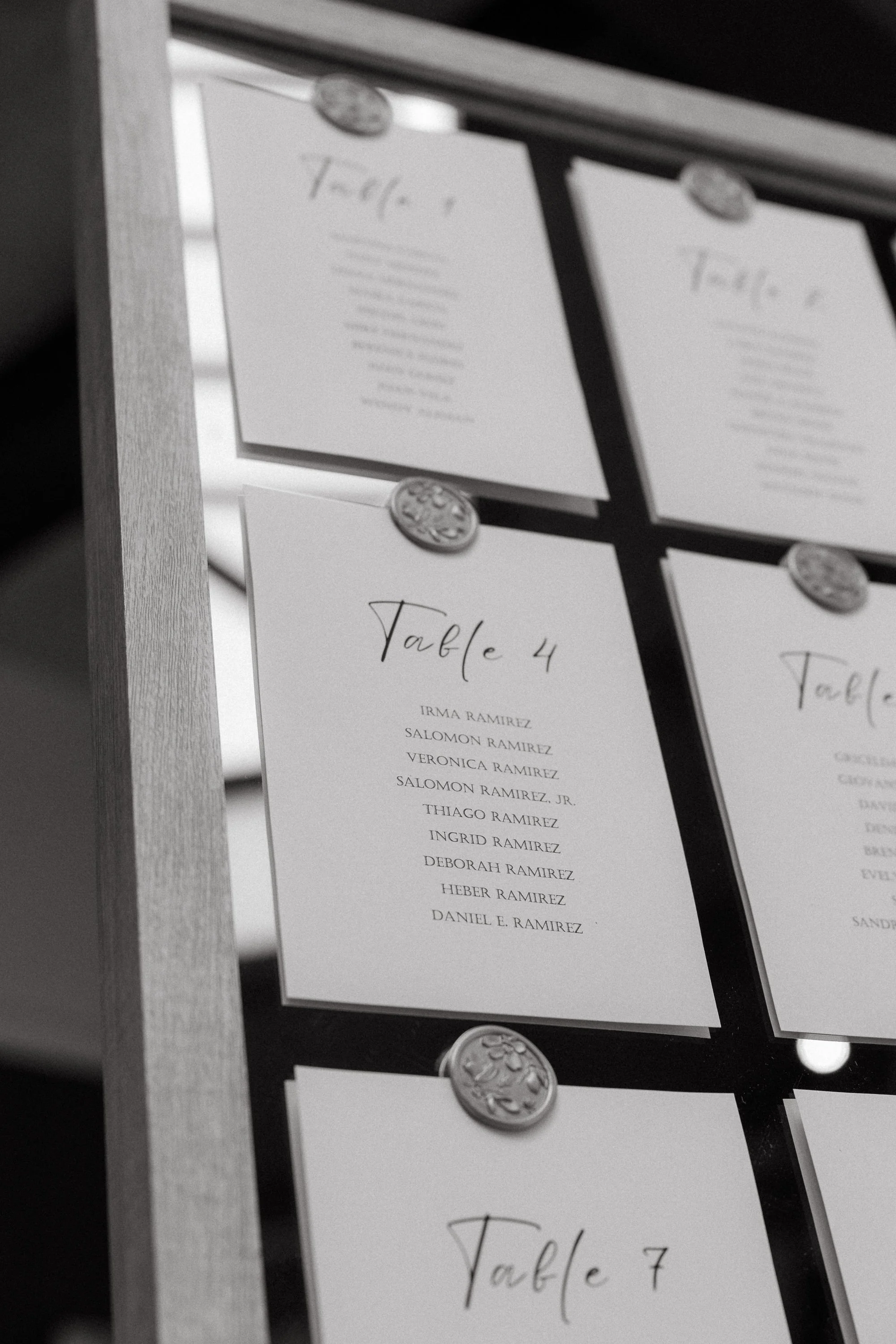 Black and white photo of wedding reception seating chart display