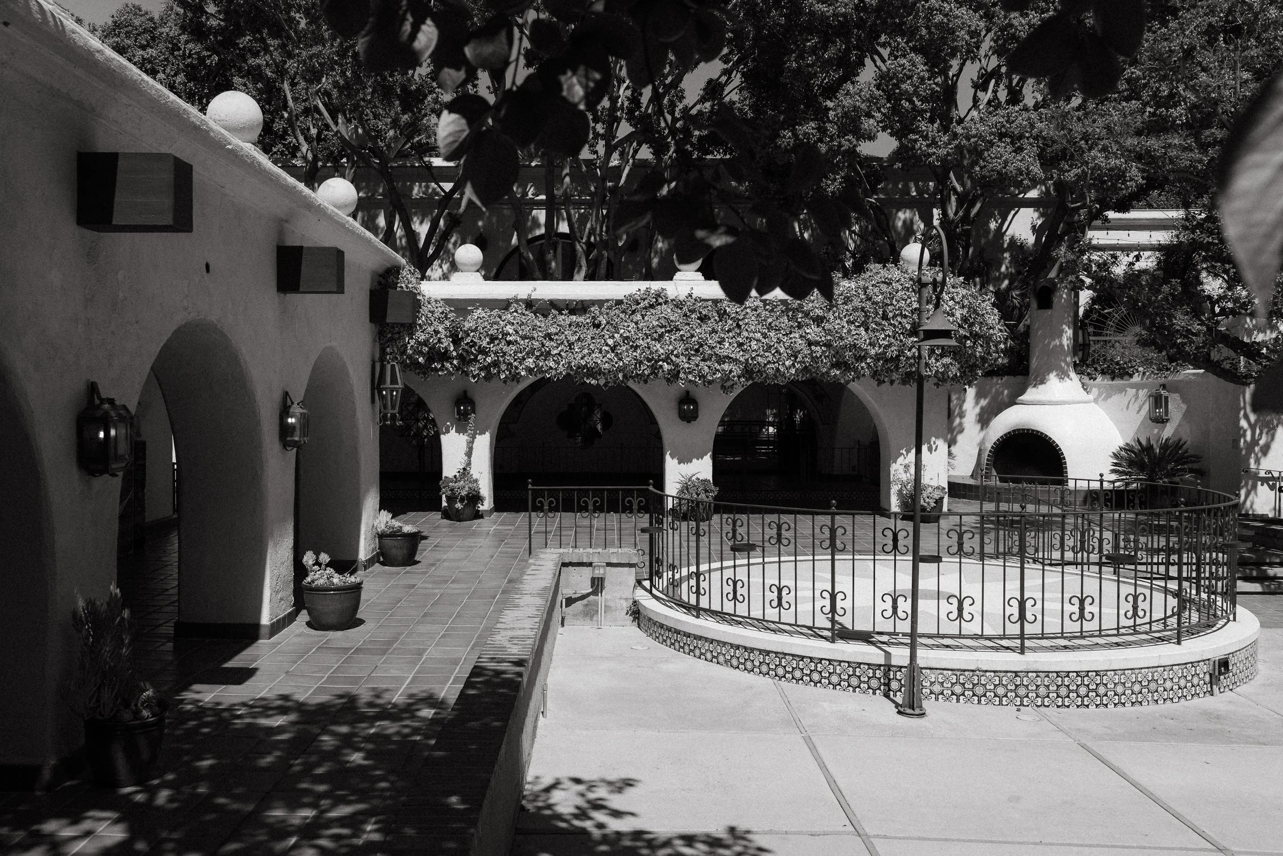 Courtyard with arches and fountain at Los Angeles River Center and Gardens