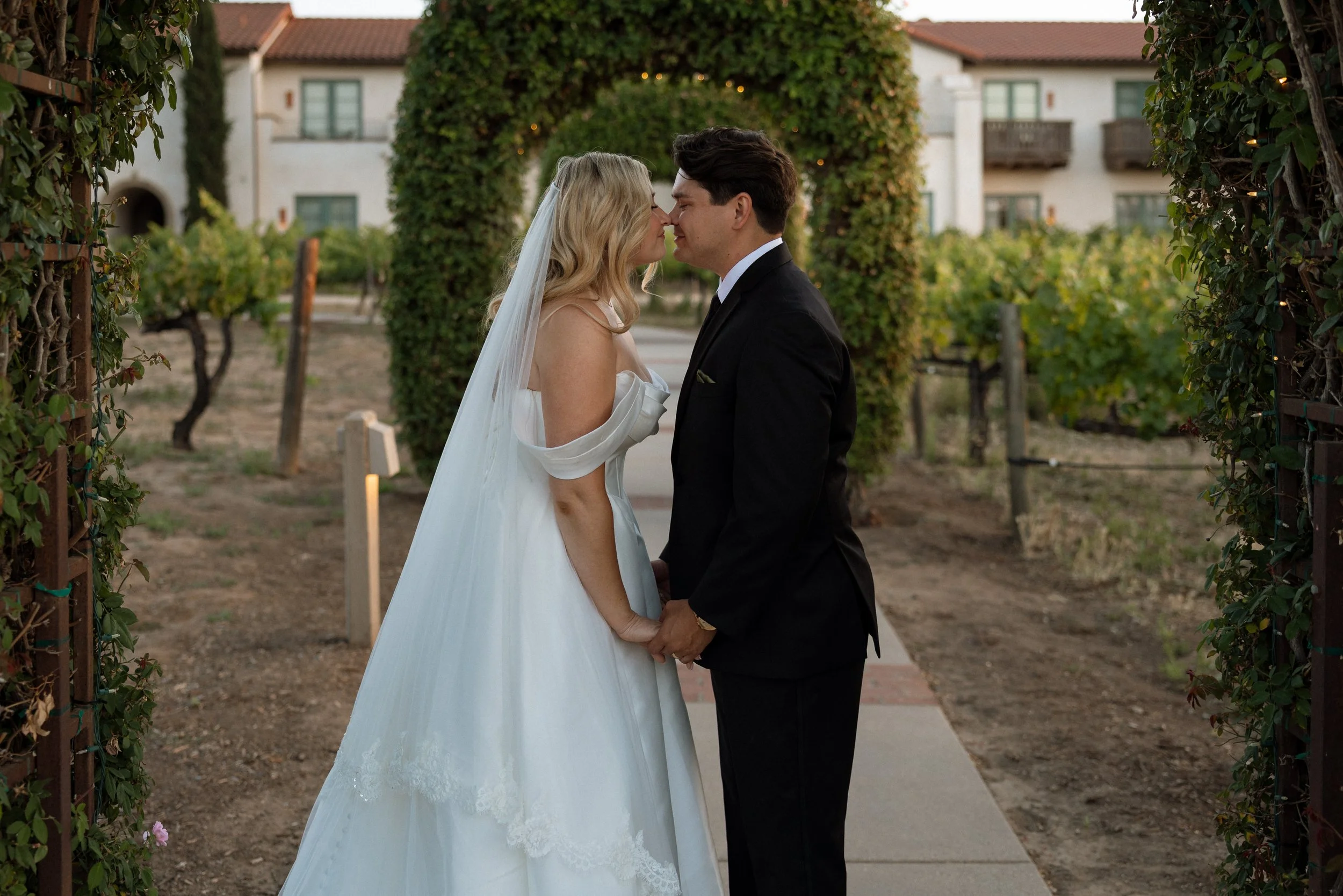 Couple leans in for a kiss under an ivy archway with vineyards behind