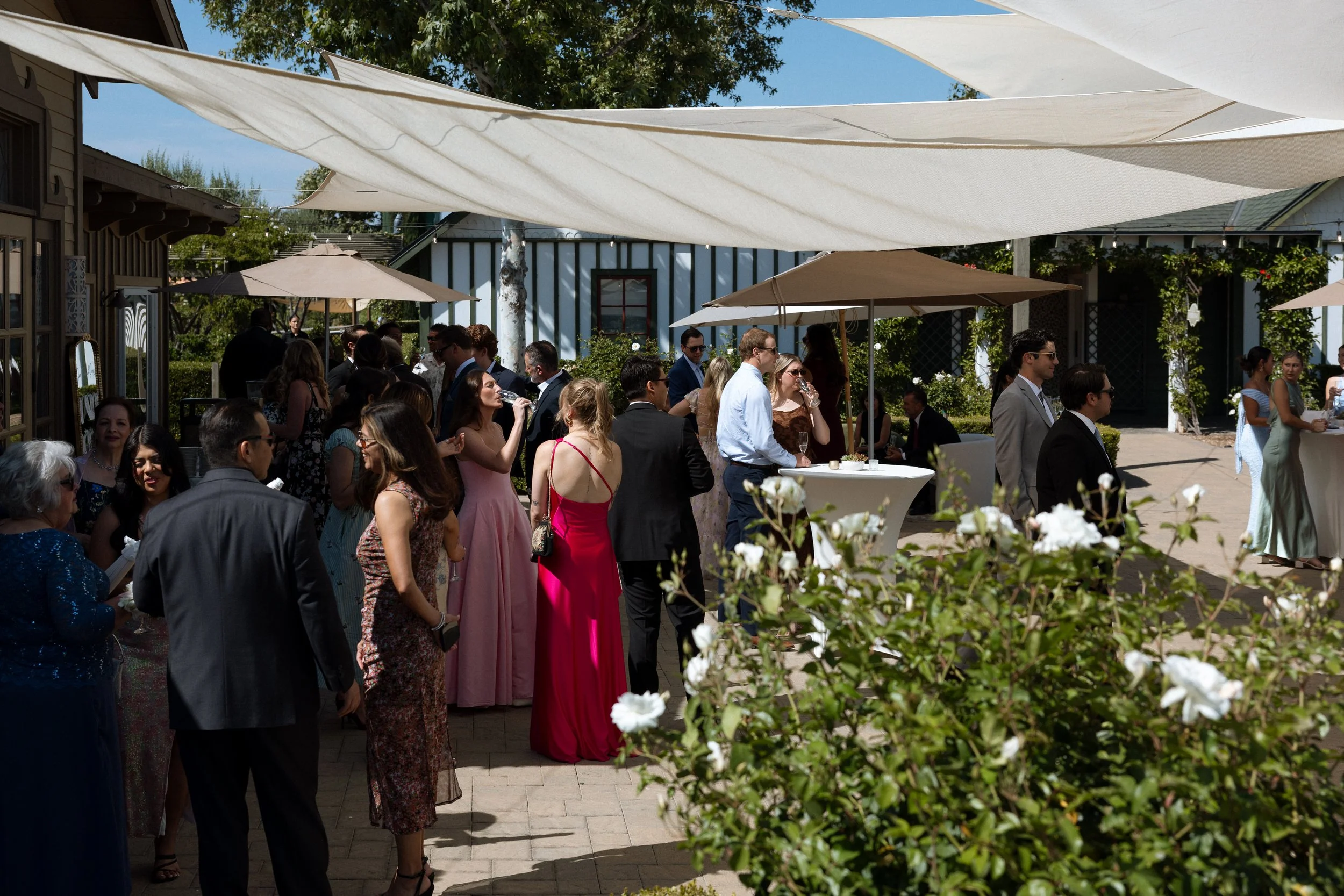 Guests mingle with drinks under shade sails during cocktail hour