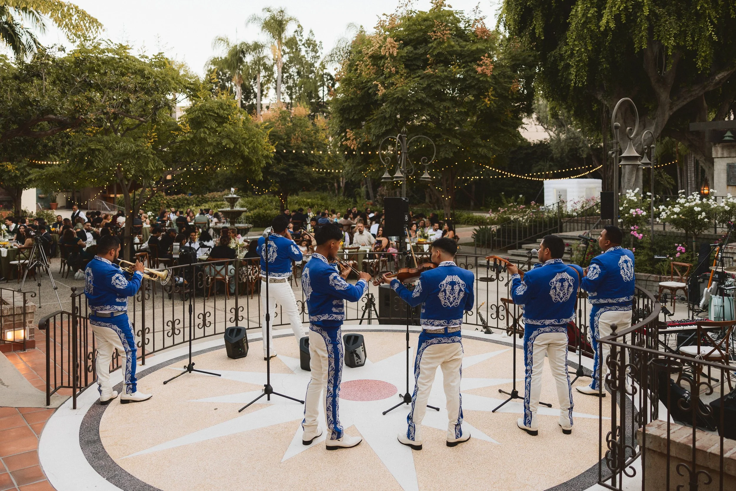 Live mariachi band performing during wedding reception at Los Angeles River Center and Gardens