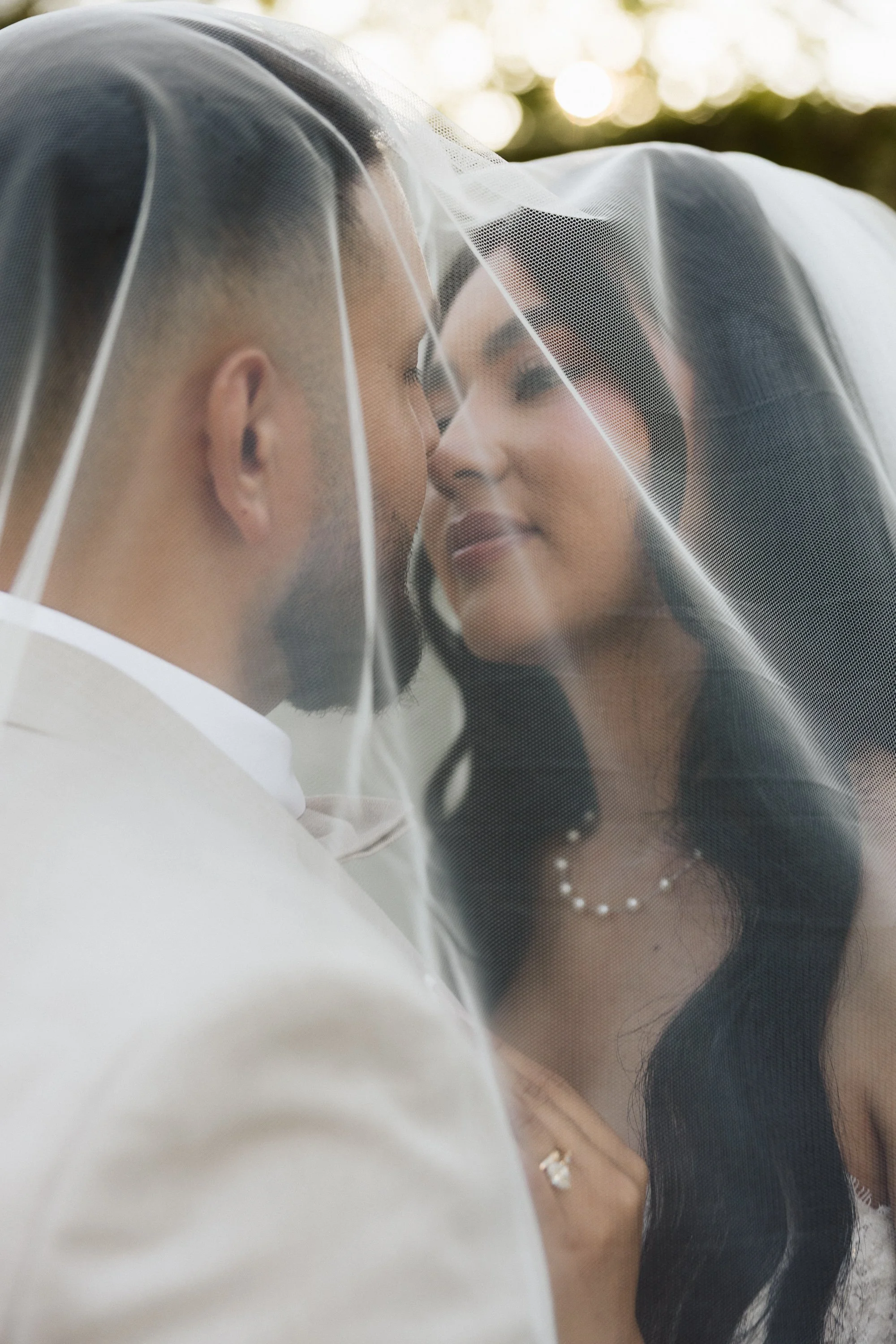 Bride and groom sharing romantic under-the-veil portrait at Los Angeles River Center and Gardens.