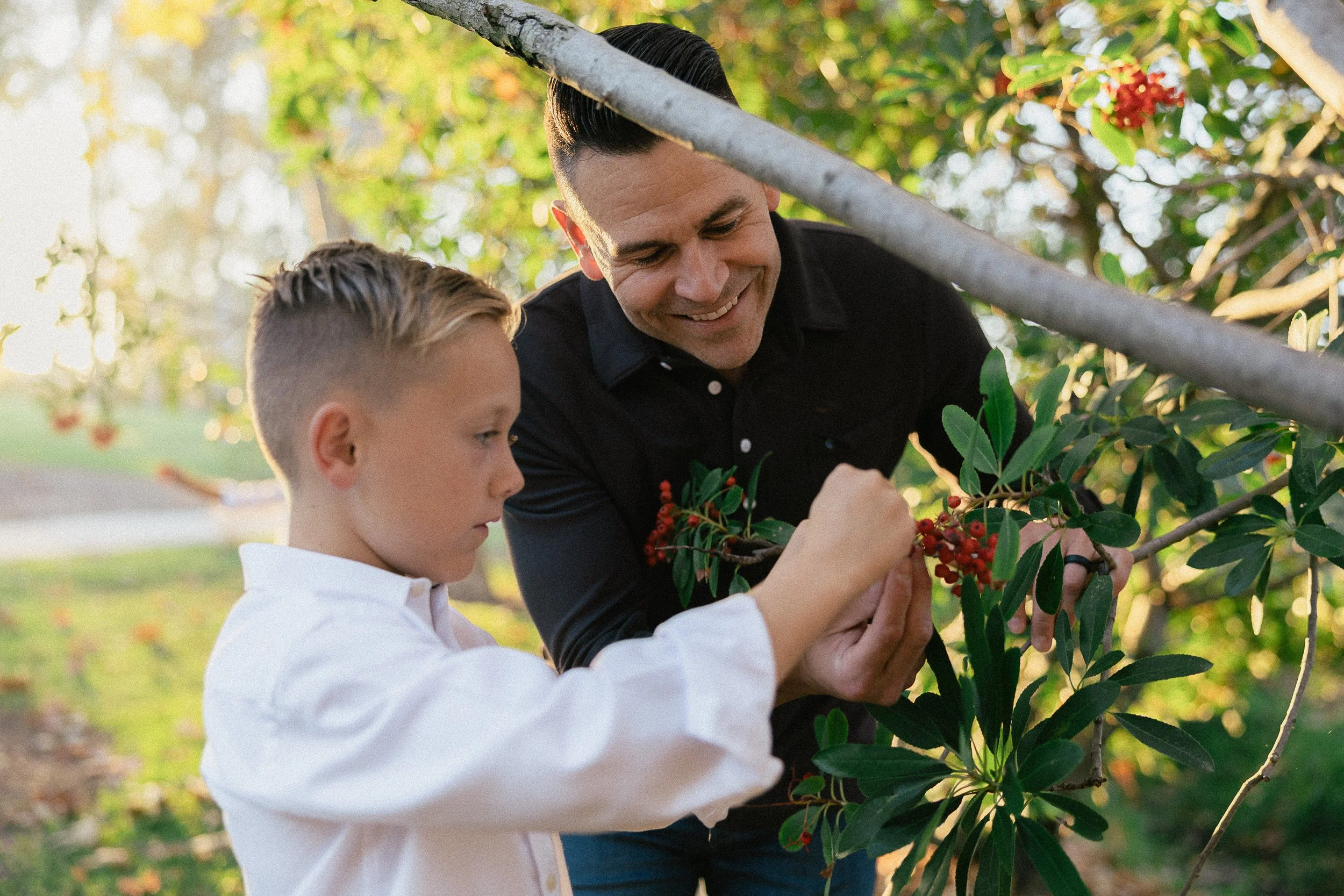 Dad and son looking closely at red berries on a branch during their session.