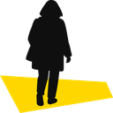 Logo . Promendus stoepreclame, minimal Light versie Een persoon die loopt op een hellend wegdek, mogelijk een trottoir, met een gele ondergrond