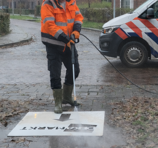Uitvoerend medewerker van Promendus . Uitvoering van green graffiti ook bekend als clean advertisement, reverse graffiti, stoepreclame van Promendus. Een unieke opmerkelijke Milieuvriendelijke vorm van straatreclame. guerilla advertising in actie.
