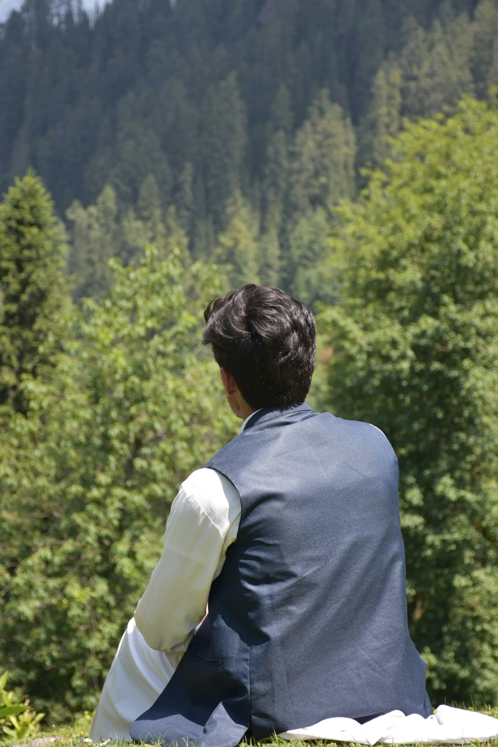 Father looking at a forest symbolizing the contemplation that occurs during parent counselling with Dr. Kendra Massie