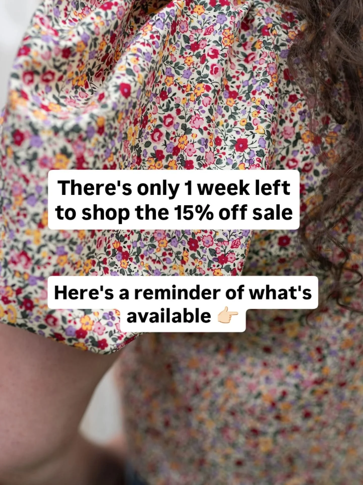 1 week left of our end of summer sale! 👇🏻

There is 15% off everything site wide from blouses to scrunchies using the code SUMMER15. We're clearing out fabrics to make space for newness which will come out in the new year 🥳

Check out our website 