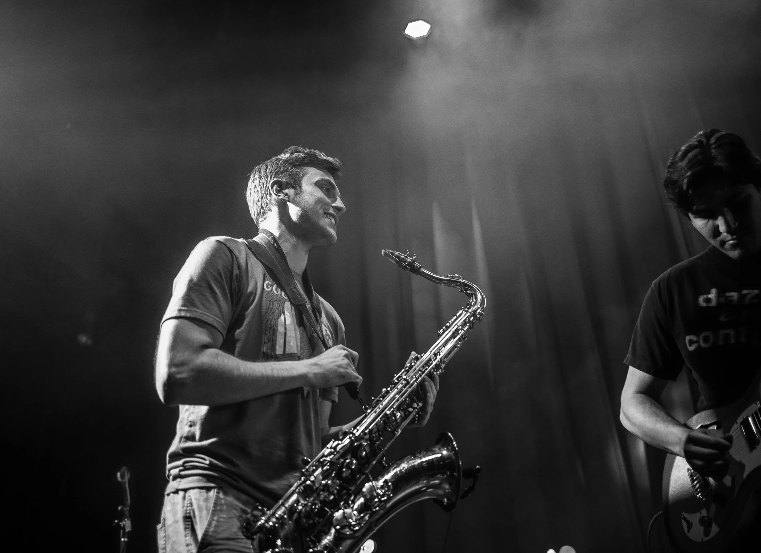 NYC sax player Evan Jacobson improvising energetic melodies at a live gig.