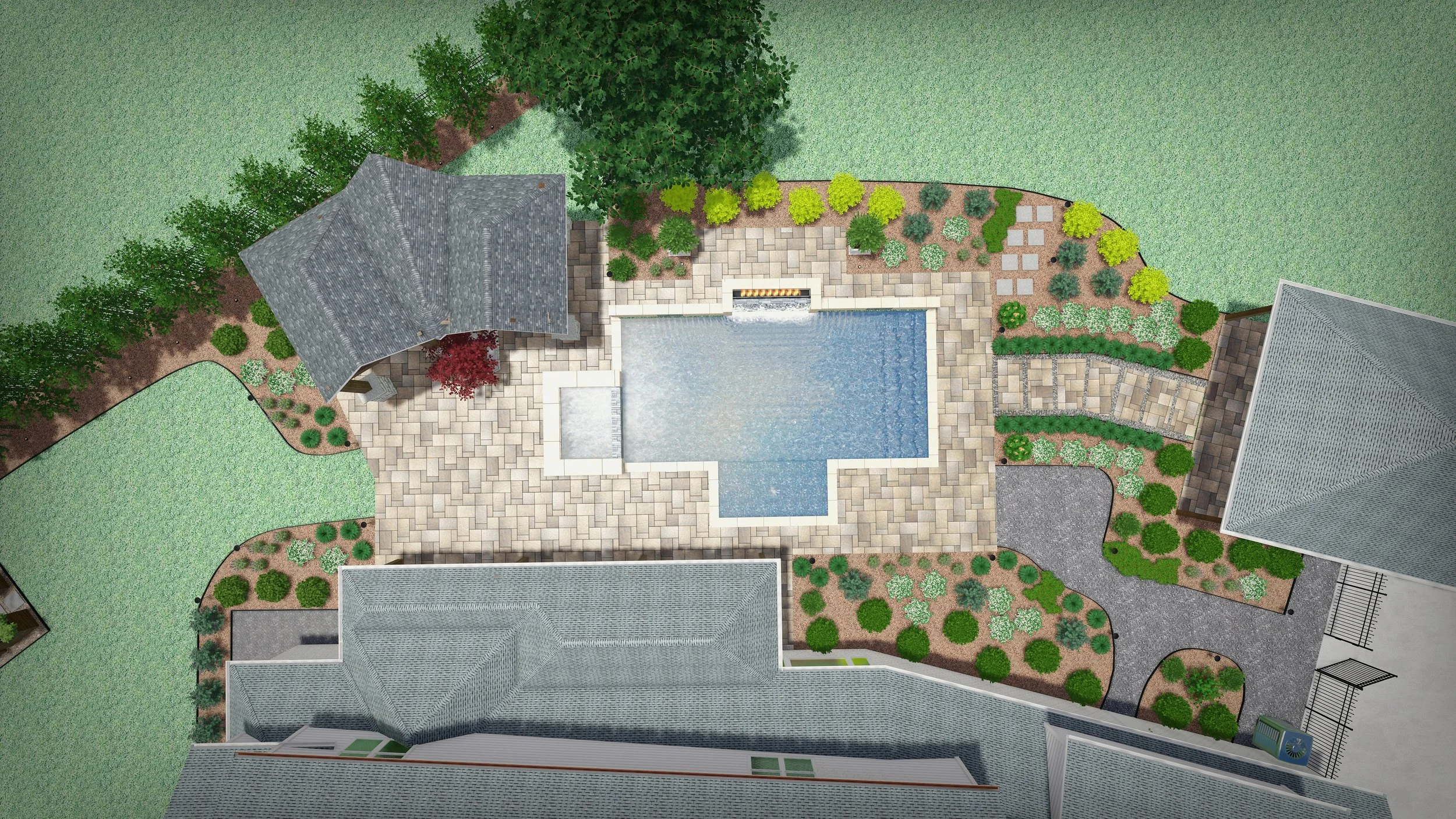 An aerial view of a backyard featuring a swimming pool, surrounding paved patio area, landscaped garden with plants and trees, and pathways leading to different sections of the yard.