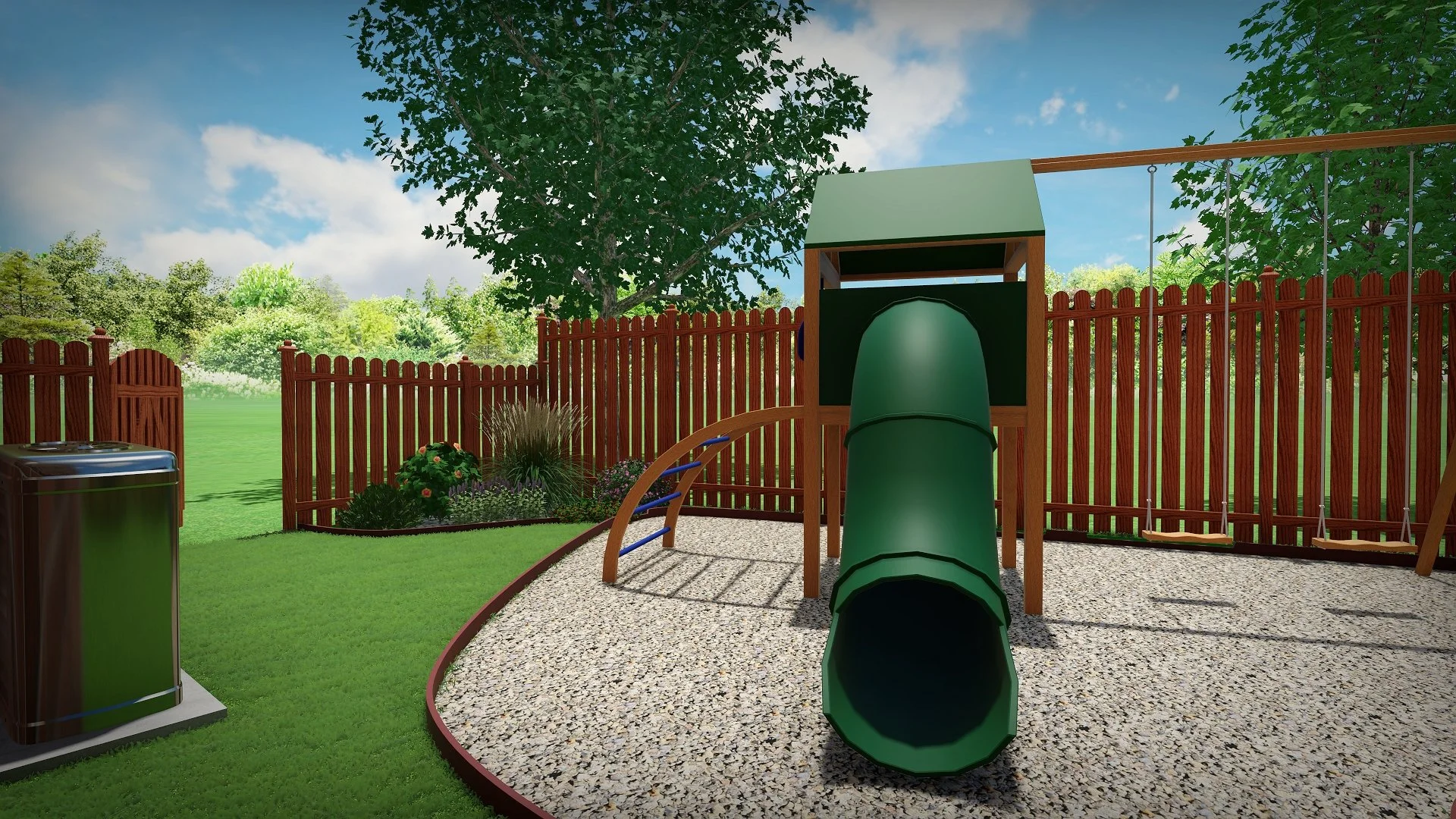 Concept for playground area using softer composite edging and gravel to soften potential falls while playing