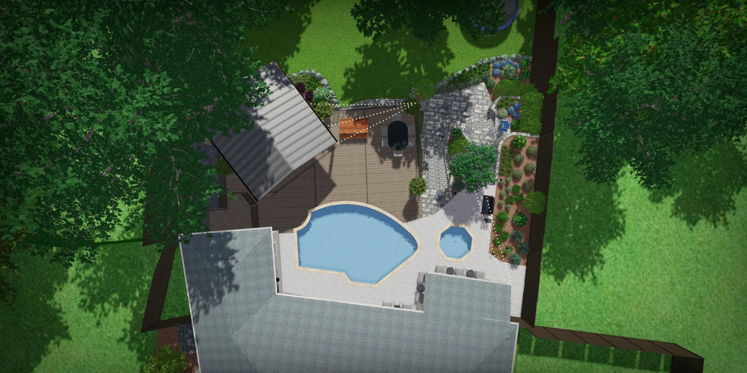Aerial view of a backyard with a swimming pool, hot tub, wooden deck, outdoor seating, and landscaped garden with trees and plants.