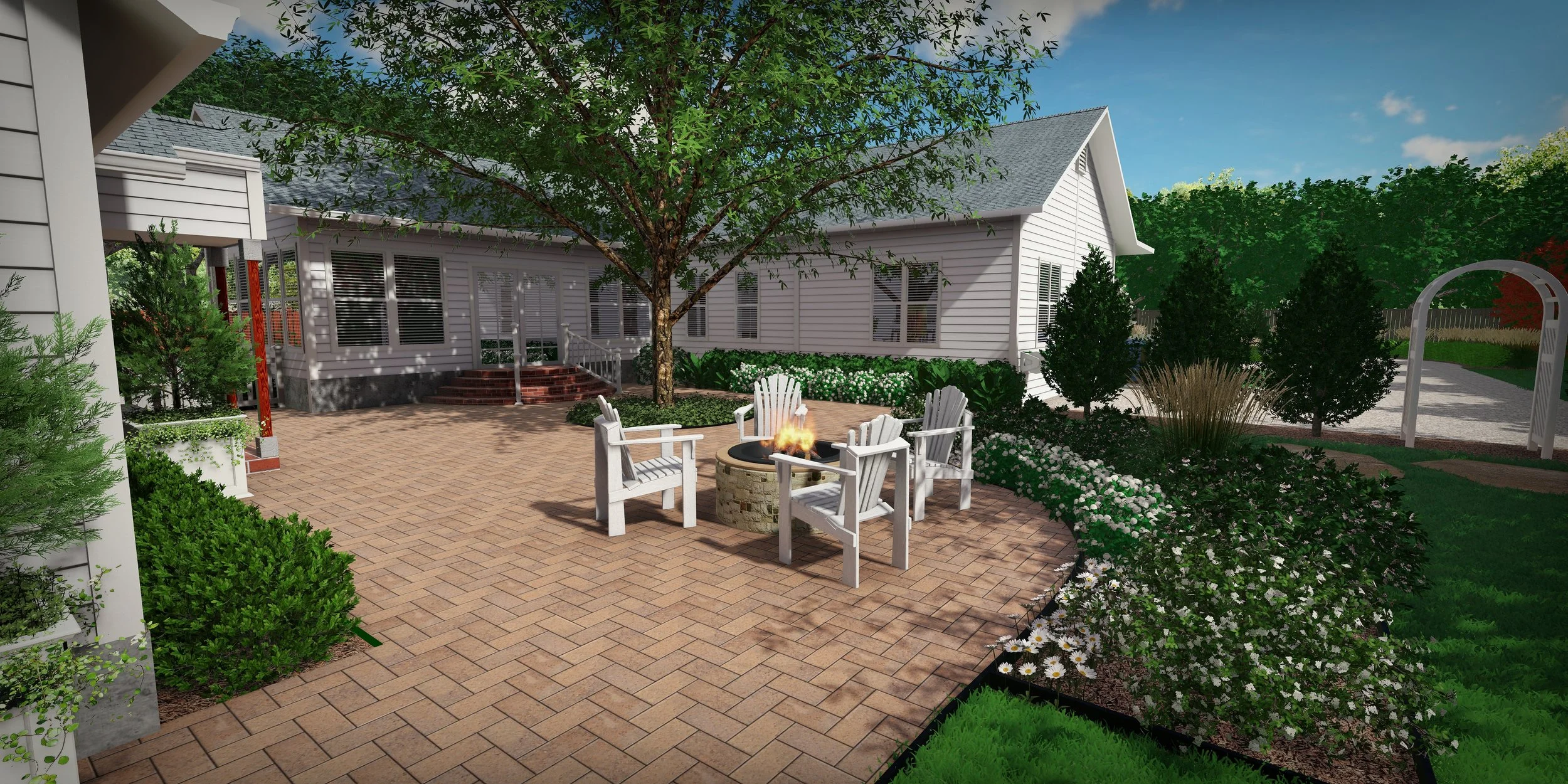 A backyard patio with a fire pit surrounded by four white chairs, a large tree, flowering plants, and a white house with multiple windows, under a blue sky with scattered clouds.