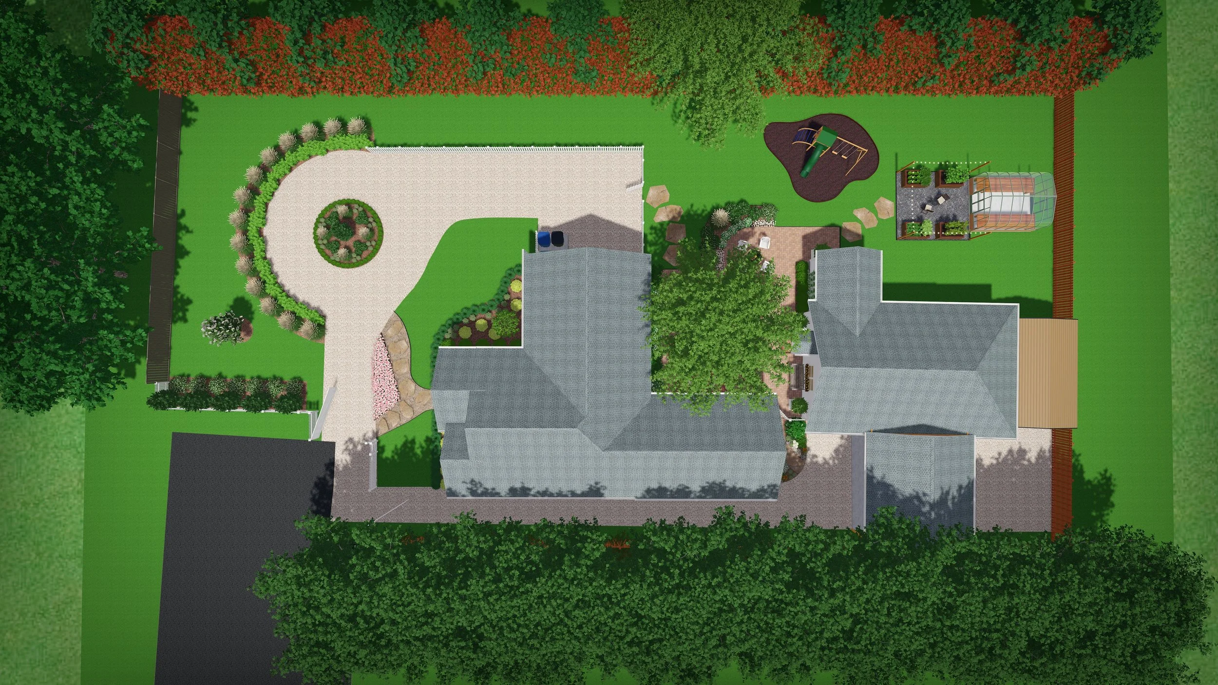 Aerial view of a backyard with a driveway, garden, playground, and various trees and plants.