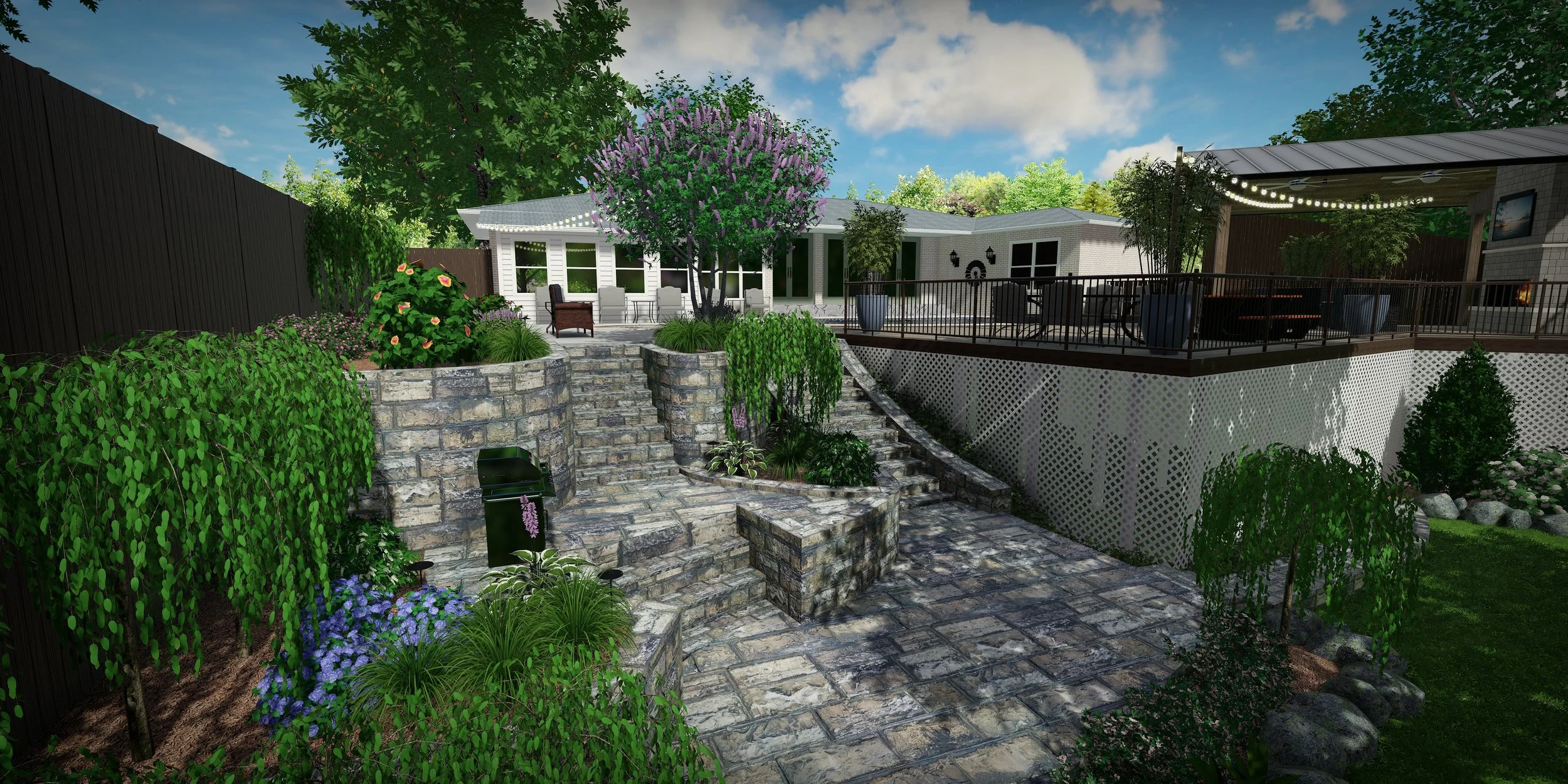 Rendering of a backyard featuring a stone patio with stairs, lush bushes and trees, a white house with an outdoor seating area, and a raised deck with string lights and seating.