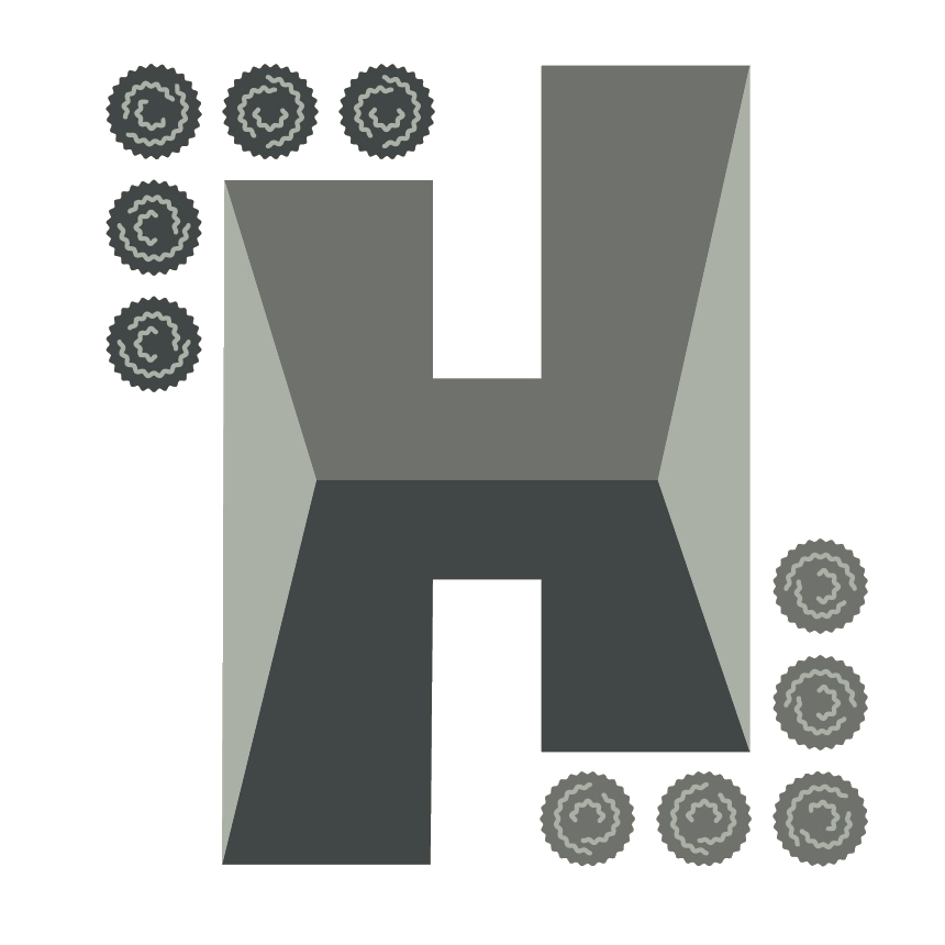 A top-down view of a minimalist, abstract building layout with multiple enclosed areas, pathways, and circular objects resembling trees around the perimeter.