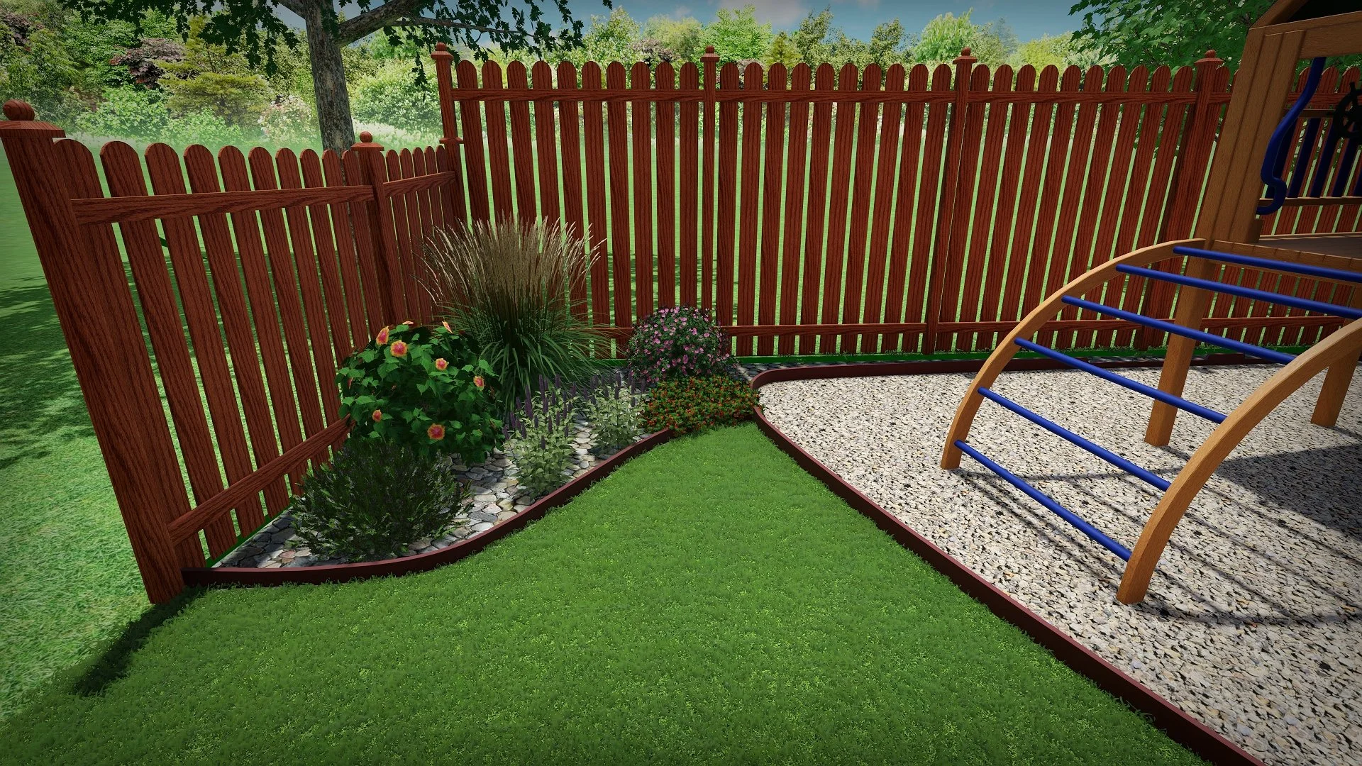 Concept of butterfly/pollinator garden next to playground for interactive feature in an active play space