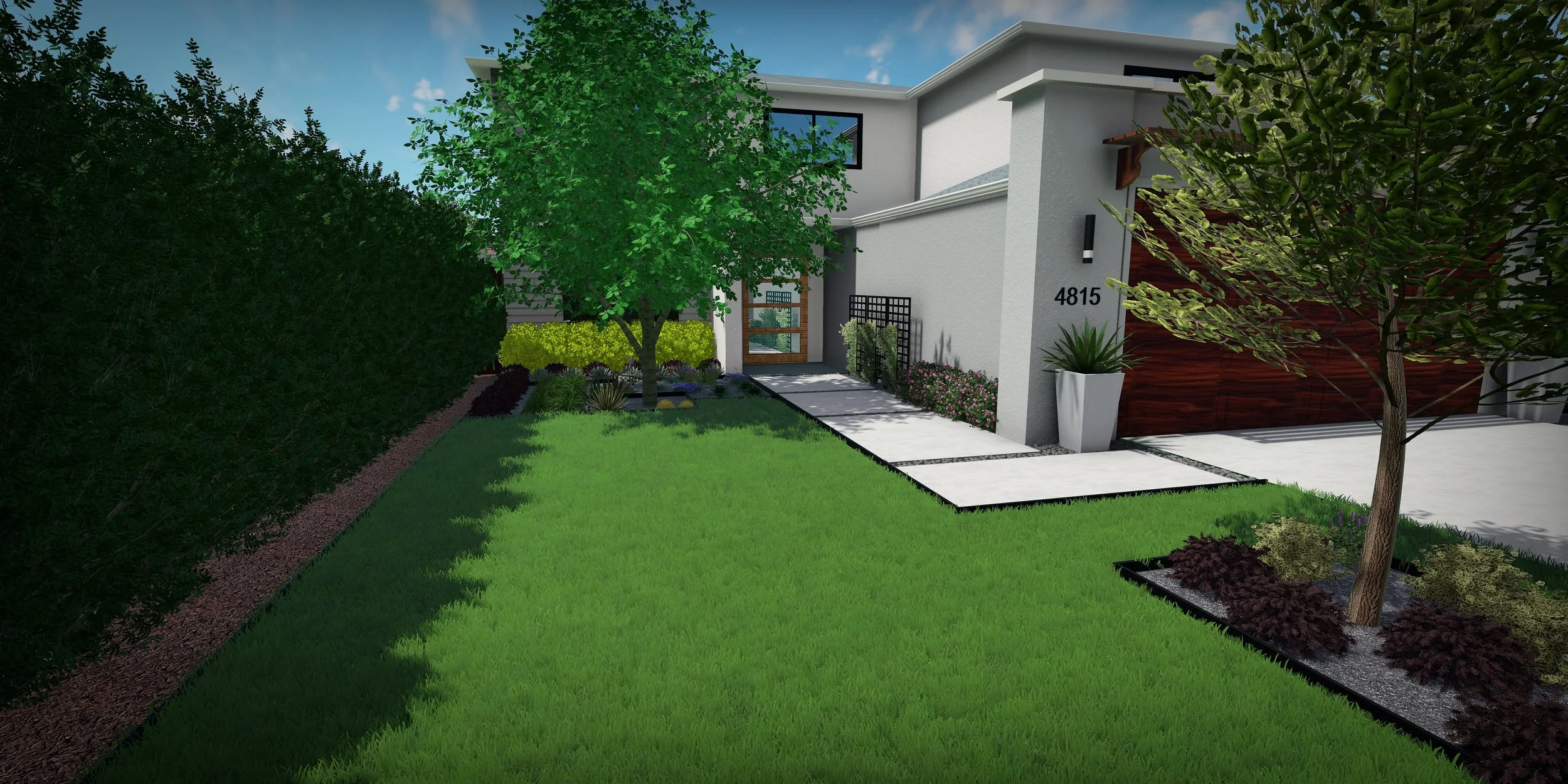 A modern suburban house with a white exterior, dark wood accents, and a gray roof. The front yard has a well-maintained green lawn, flower beds, and trees. A paved pathway leads to the front door, and the house number '4815' is visible near the entra