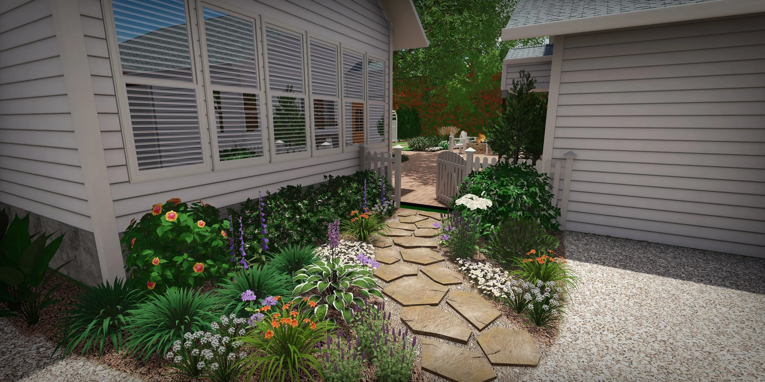 A landscaped backyard patio with a flower border, stone pathway, white picket gate, and neighboring houses with siding and windows.