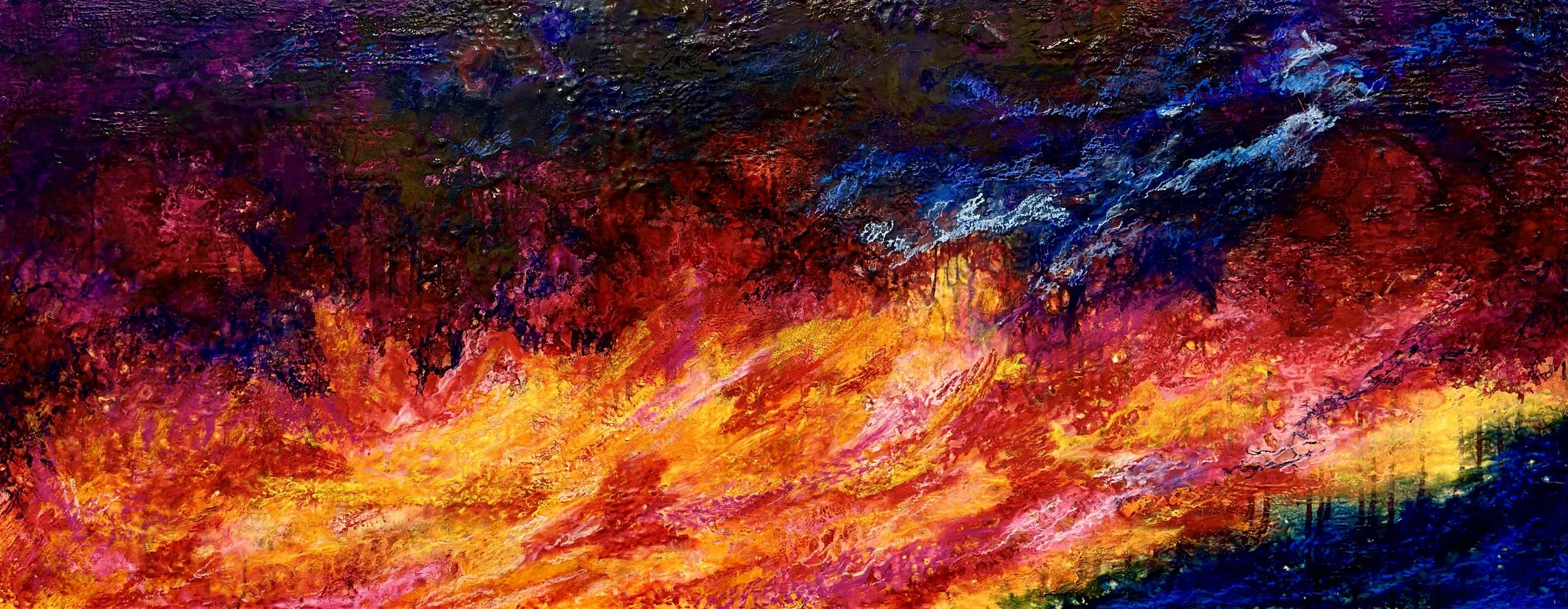 Justin Winkel, Sunset in the French Polynesia, Mixed media on wood panel, 24 x 60in