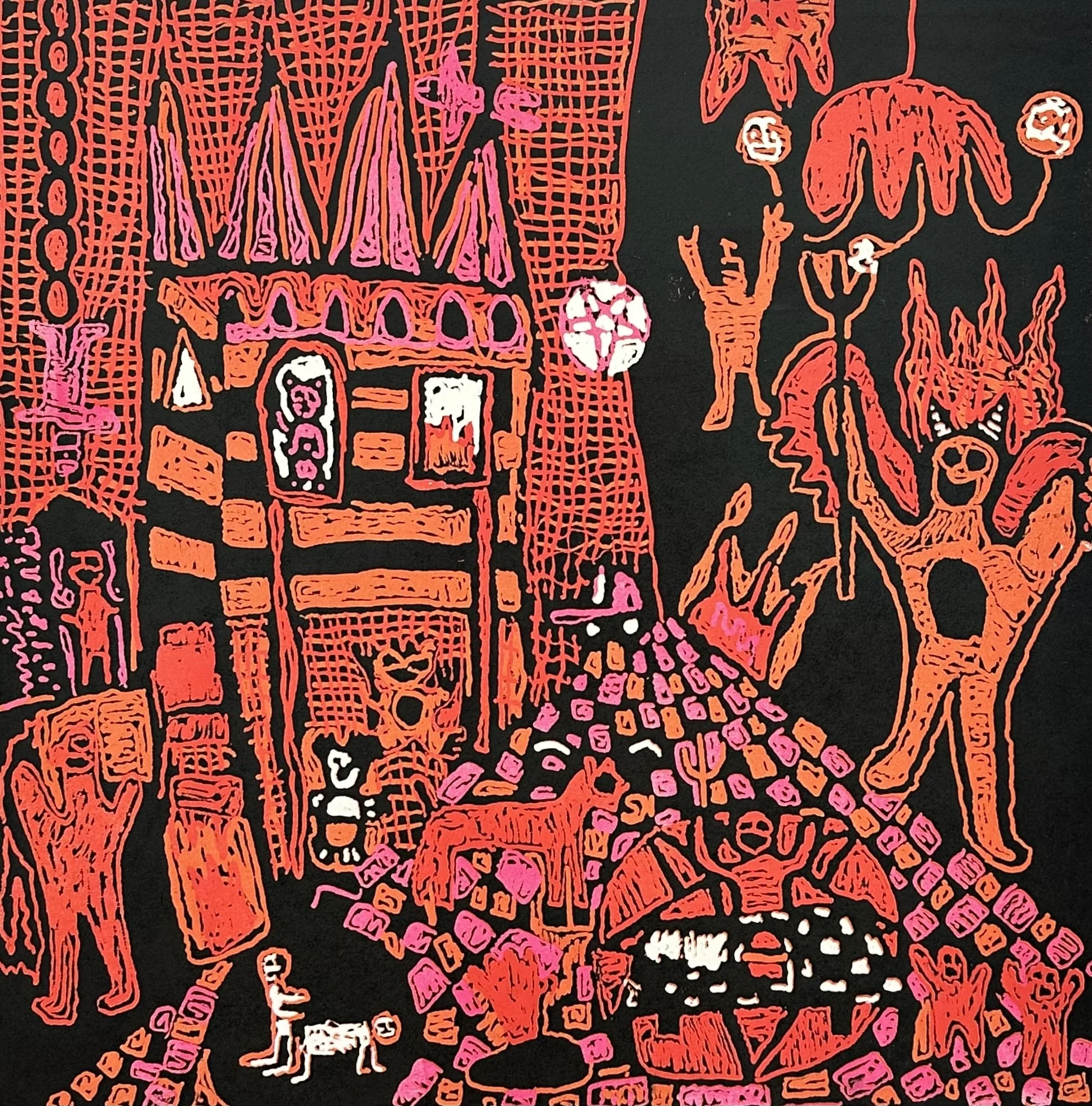 Casey White, 7 Layers of Hell, Reduction wood cut print, 28in x 28in, Edition 3/8