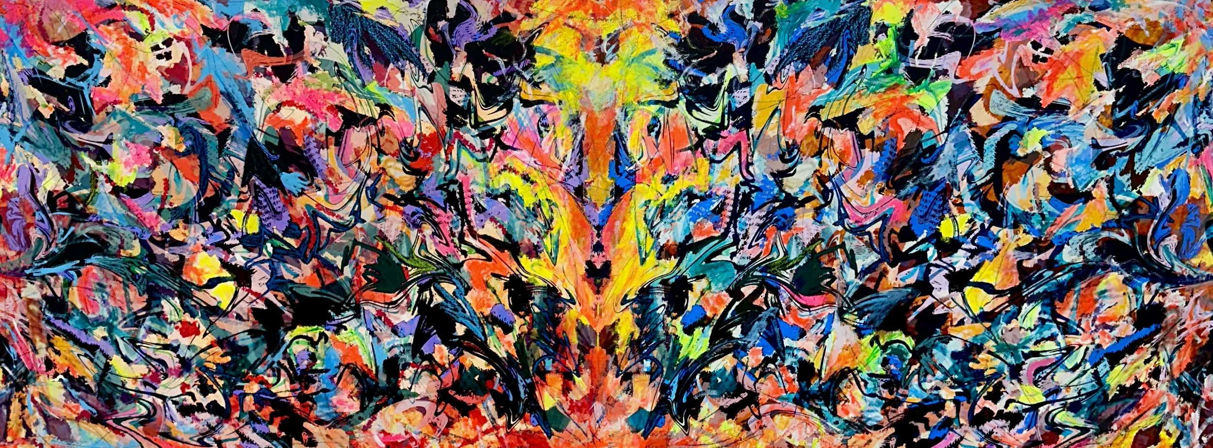 Justin Winkel, In Full Bloom, Mixed media on paper mounted on wood, 24 x 64in