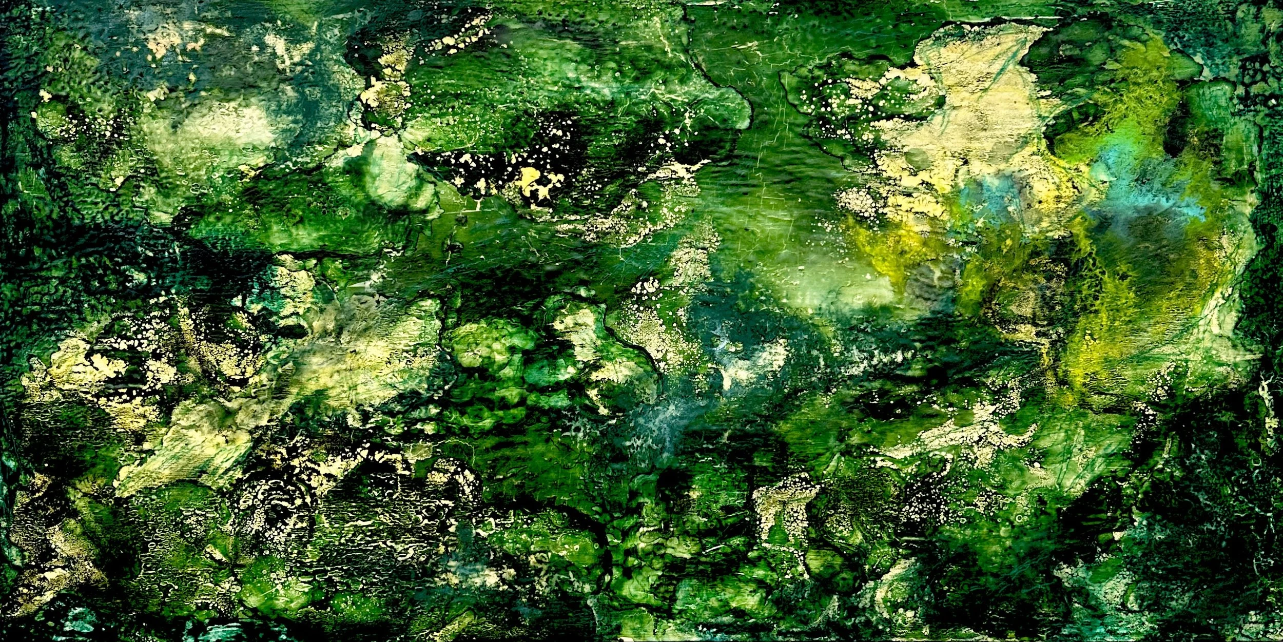 Justin Winkel, Lily Pond, Encaustic on wood panel, 24 x 48in