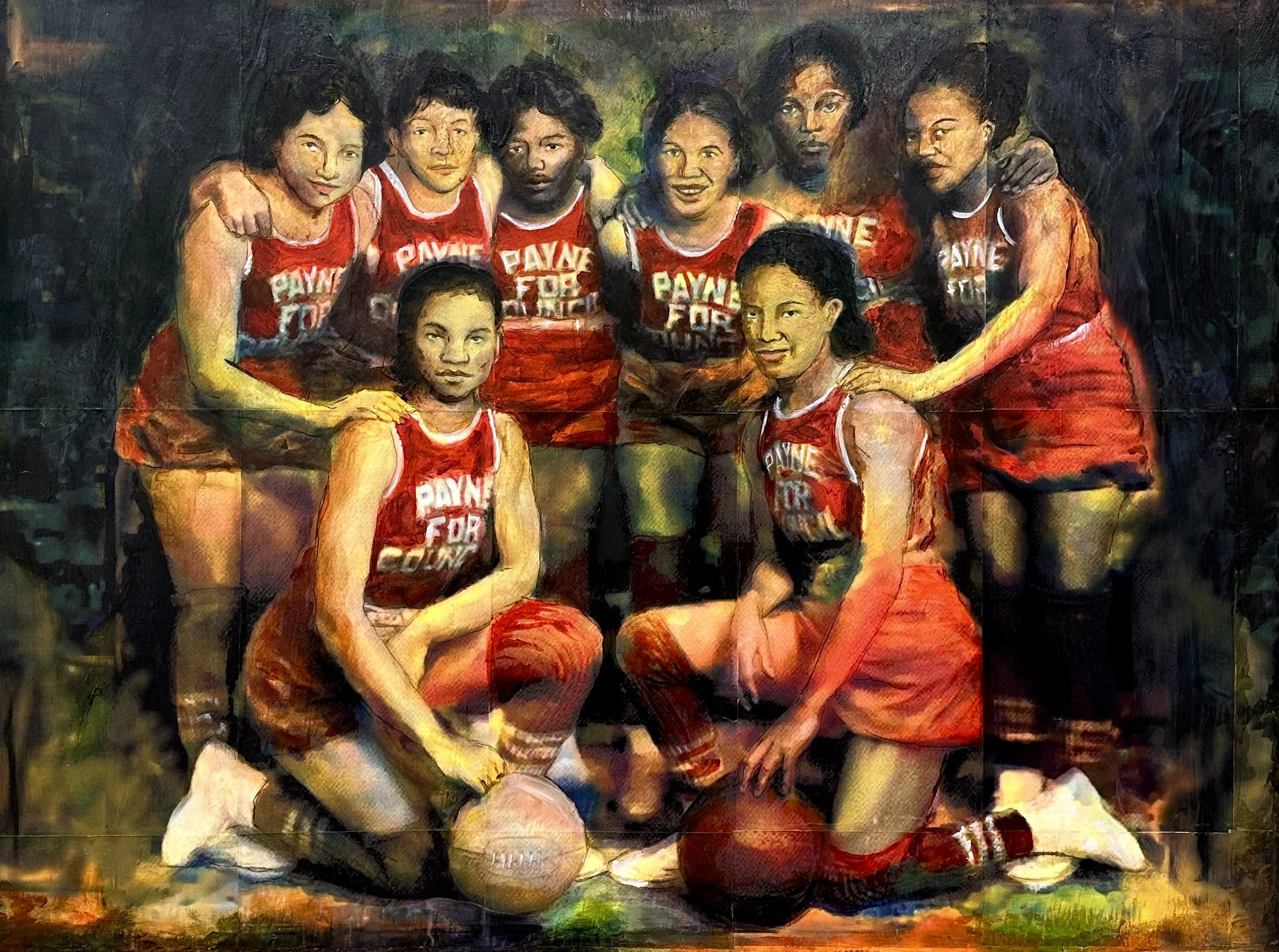 Arvay Adams, Girlfriends, Mixed media on paper mounted on canvas, 30 x 40in