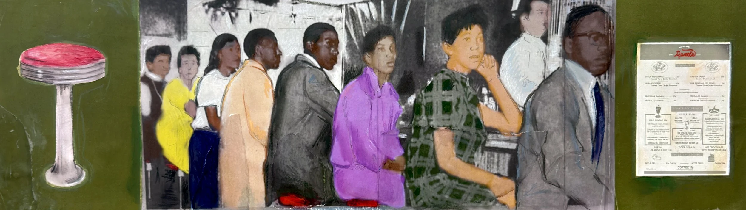 Arvay Adams, We Insist (Study), Mixed media on paper mounted on wood, 9 x 30in