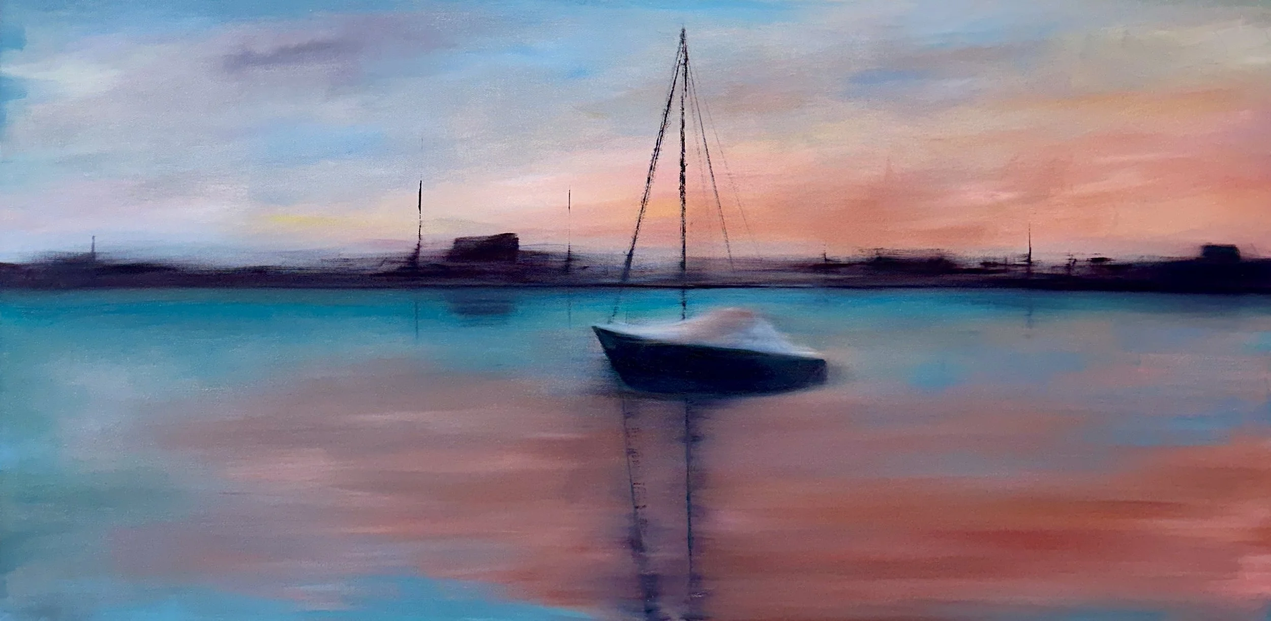Shawn Humes, Harbor at Sunset, Oil on canvas, 24 x 48in