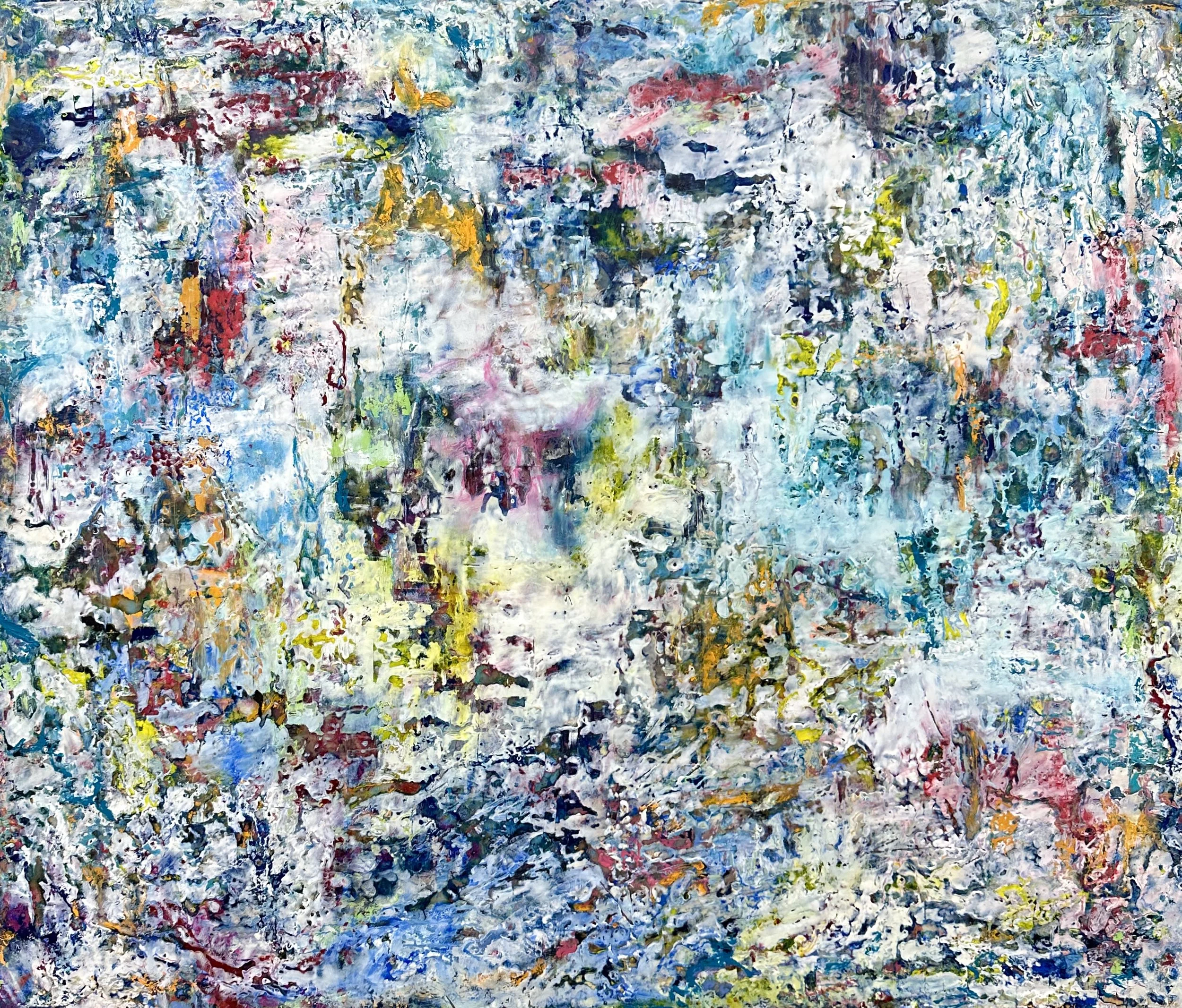 Justin Winkel, Water Lilies, Encaustic and pastels on wood panel, 20 x 24in