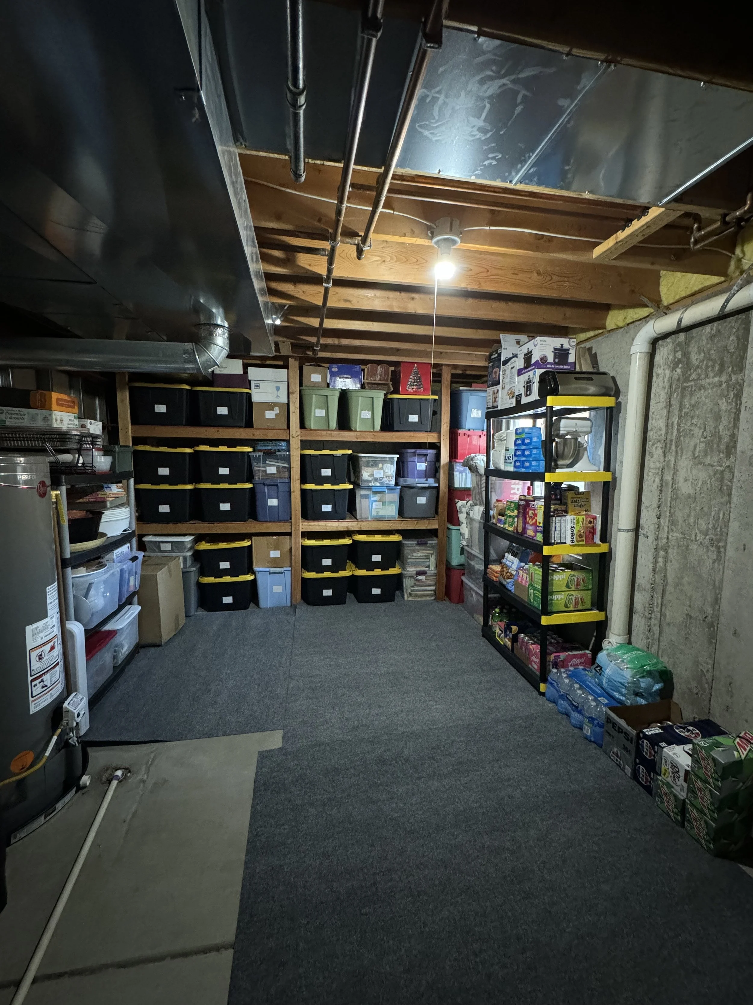 Spacious empty basement with white walls, wood flooring, recessed lighting, and doors.