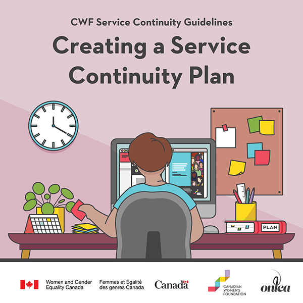 Illustration titled 'Creating a Service Continuity Plan' depicting a person at a desk with a computer, clock, plant, and bulletin board, organized by Women and Gender Equality Canada and the Canadian Women's Foundation.