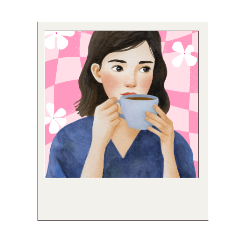 Watercolor illustration of a woman with dark hair sipping coffee from a blue mug, against a pink background with white floral patterns.
