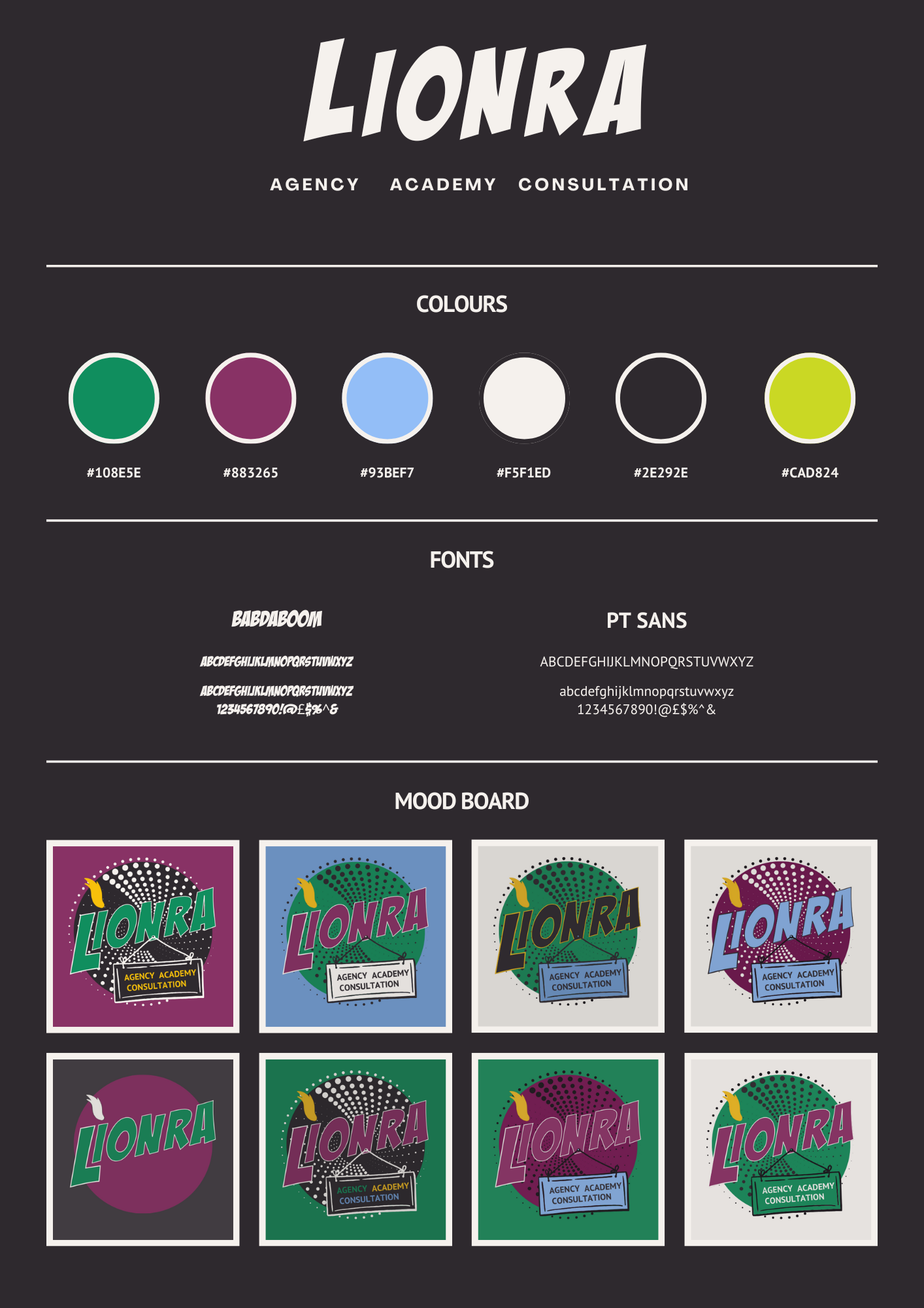 Design board for 'LIONRA' agency showcasing color palette, font options, and various logo mood boards with branding elements and color schemes.