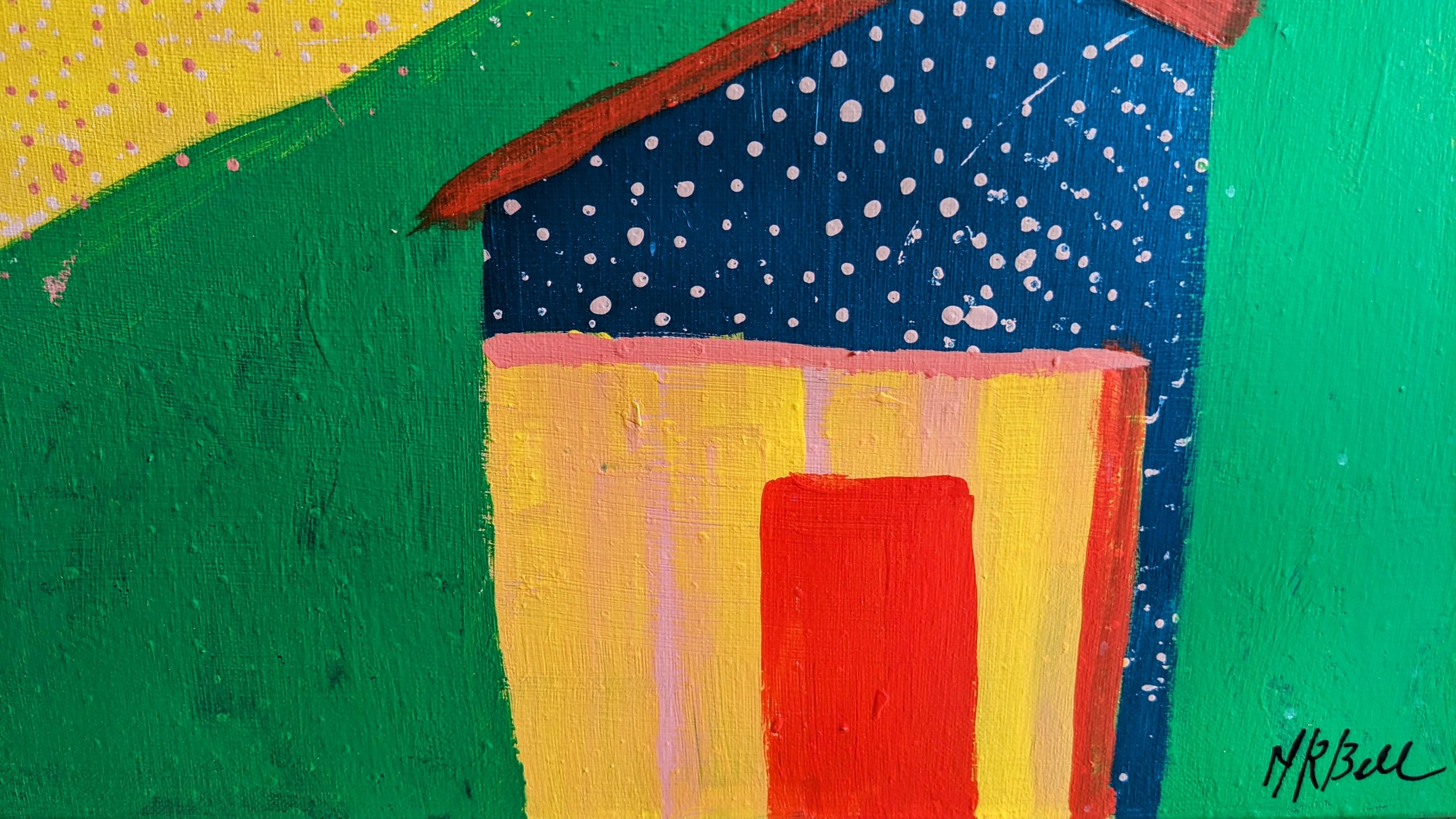 An acrylic painting called Turn at the House with the Red Door by Nadine Bell.