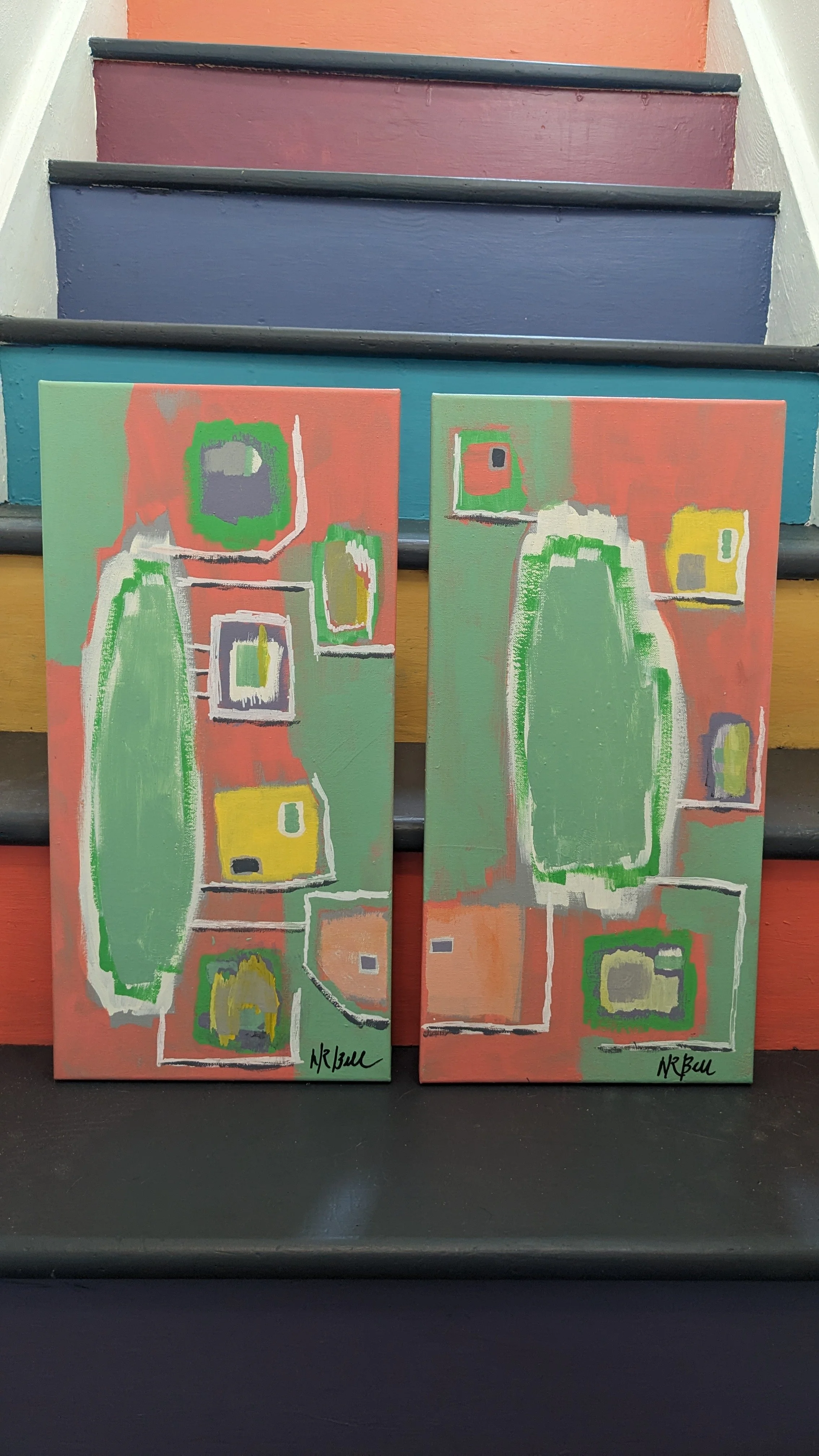 An acrylic diptych called Cell Division by Nadine Bell.