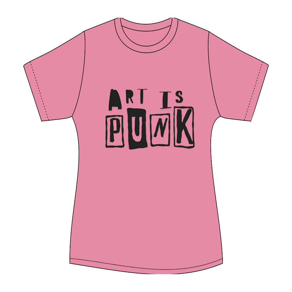 A teal T-shirt with the phrase 'Art is Punk' printed on the front in black, stylized lettering.