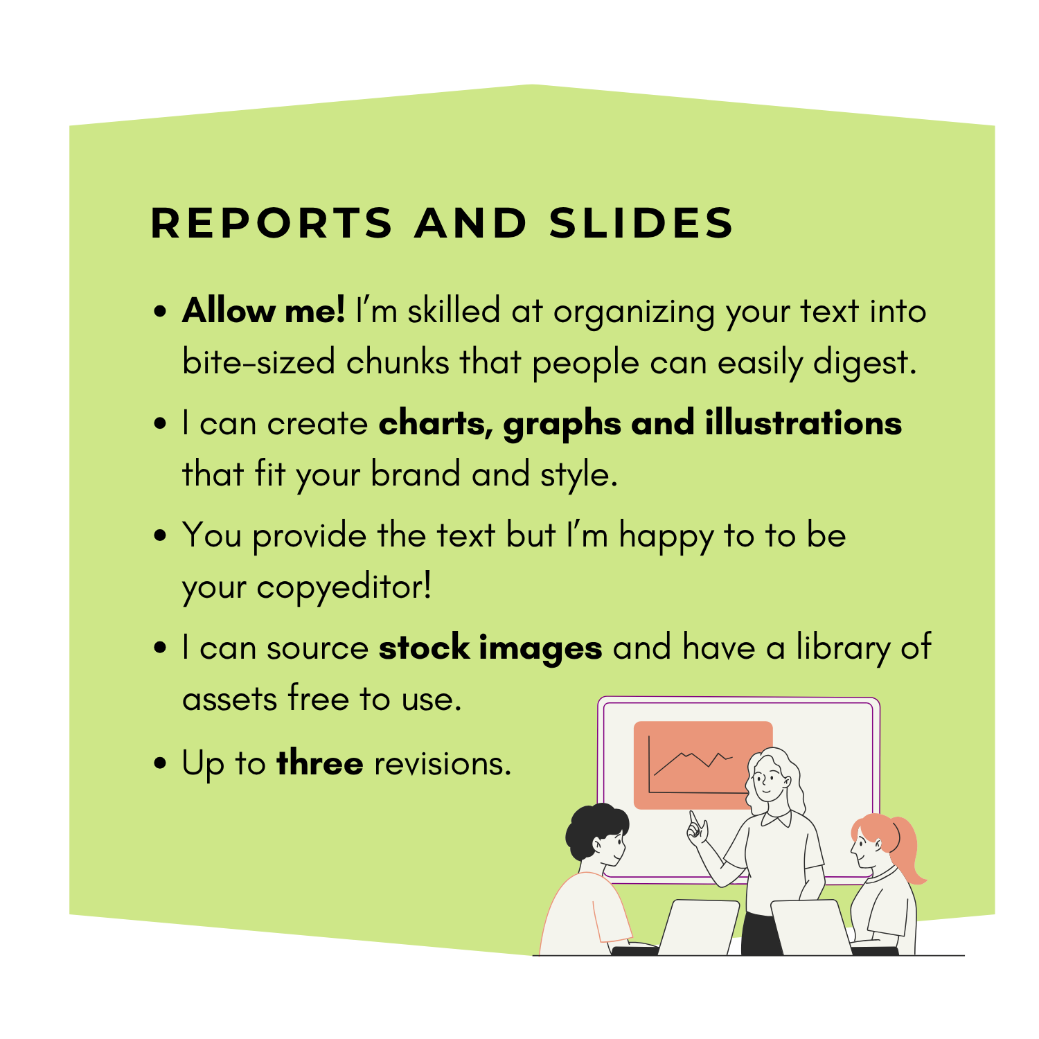 An illustrated flyer advertising services for creating reports and slides. It features a light green background with black text and an illustration of three people discussing a chart on a whiteboard, with laptops in front of them.