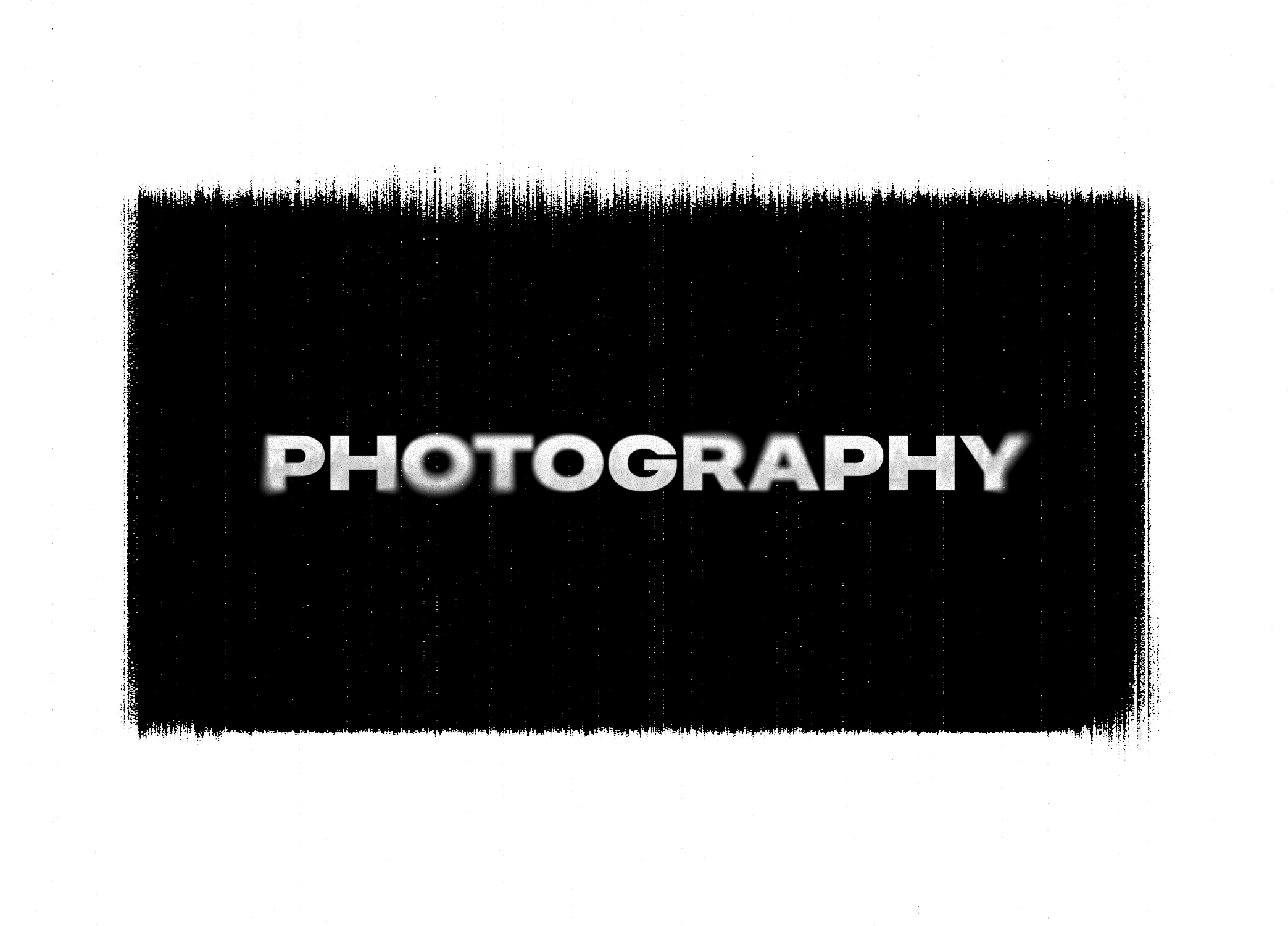 The word 'PHOTOGRAPHY' in bold white letters on a black background with digital noise and static effects.