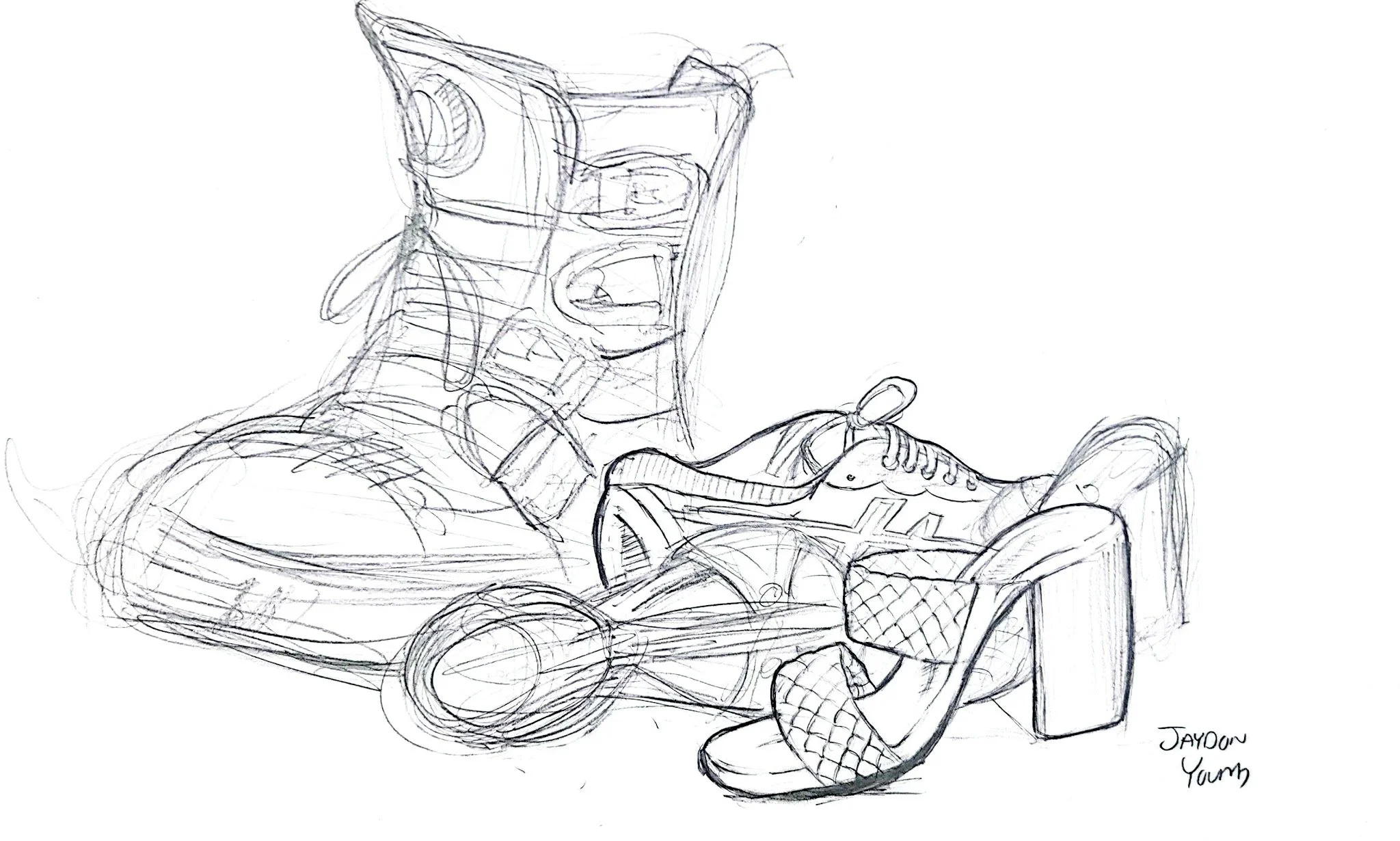 

First assignment in class was to make a still life drawing of shoes posted on a pedestal. I honestly didn't think this assignment would be overly difficult, but it did provide a unique challenge as I had to take on drawing in two completely separat