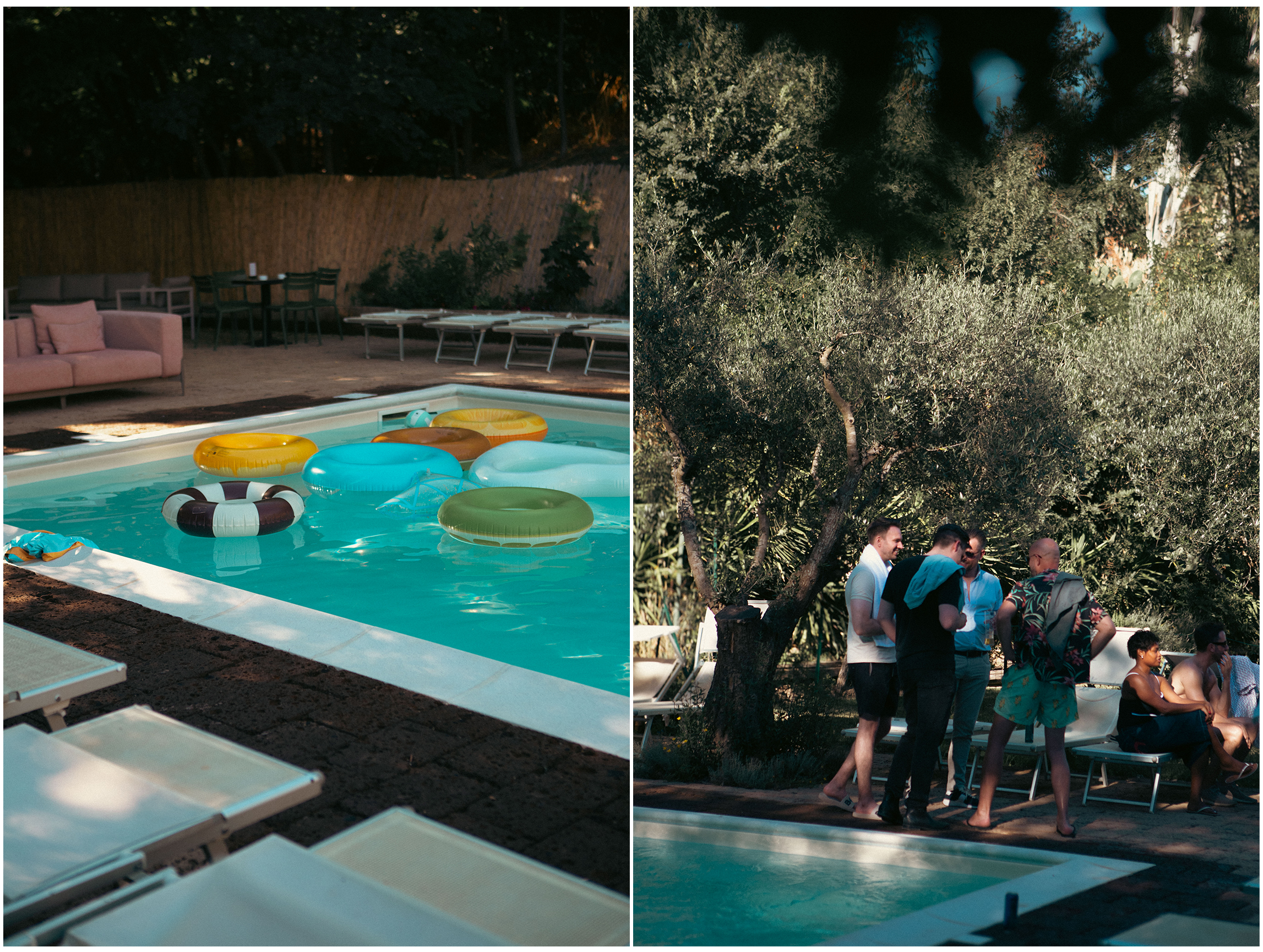 A split image showing two scenes at a social gathering. The left side features a backyard with a swimming pool filled with inflatable tubes, surrounded by outdoor furniture including a pink sofa and black chairs. The right side shows a group of people standing and sitting outdoors among trees, engaged in conversation.